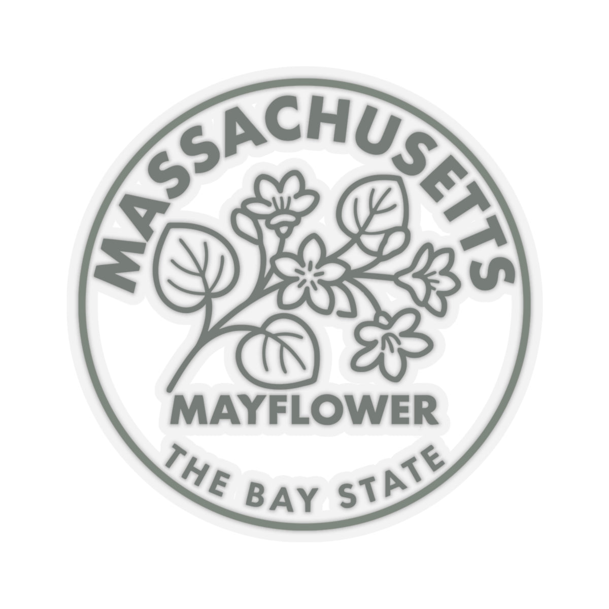 Circular Massachusetts Mayflower state flower sticker featuring gray leaves and flowers in center