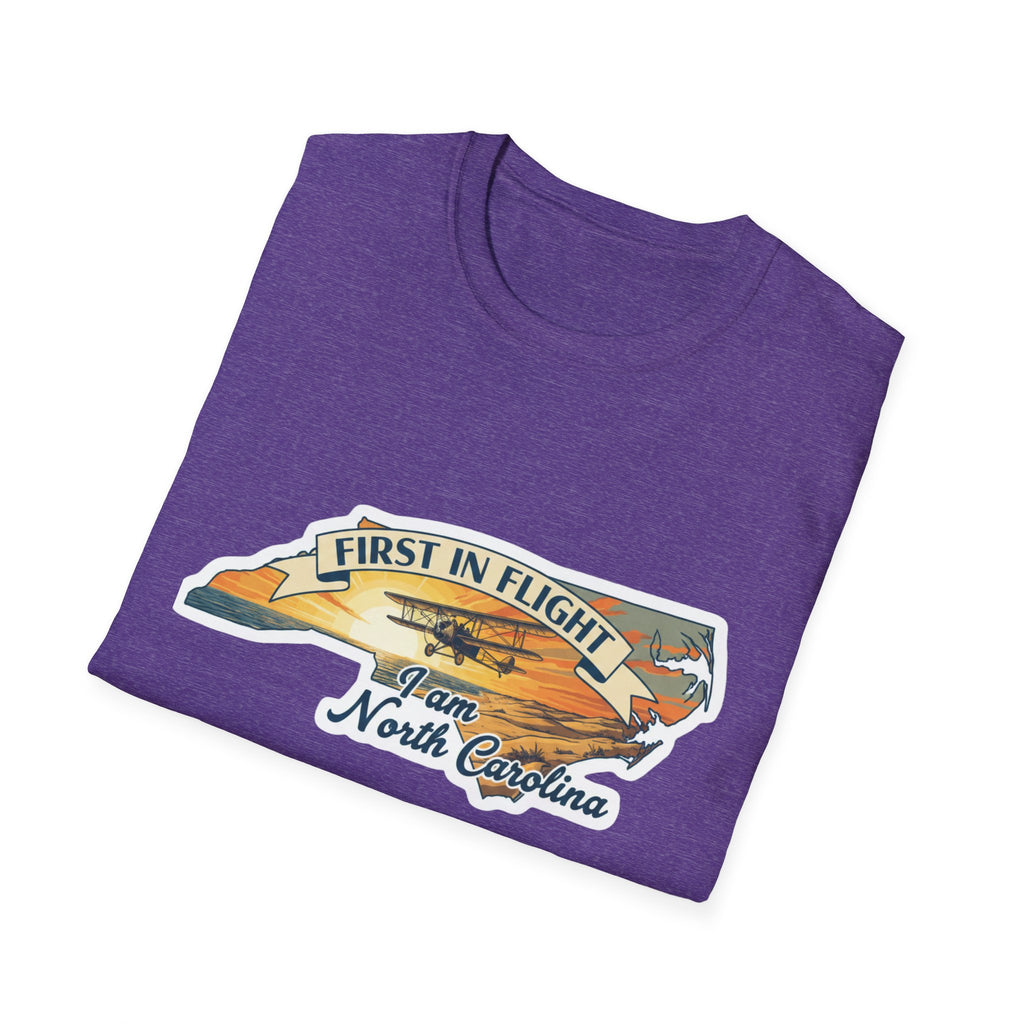 Purple First in Flight North Carolina T-shirt with airplane and state outline graphic