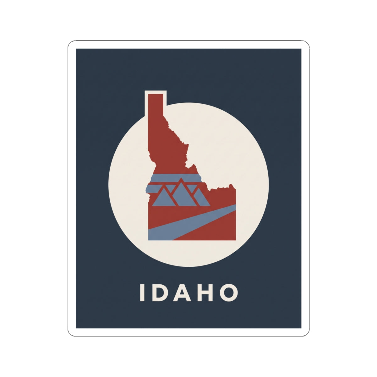 Idaho state silhouette kiss-cut decal: blue square, white circle, red geometric design, IDAHO