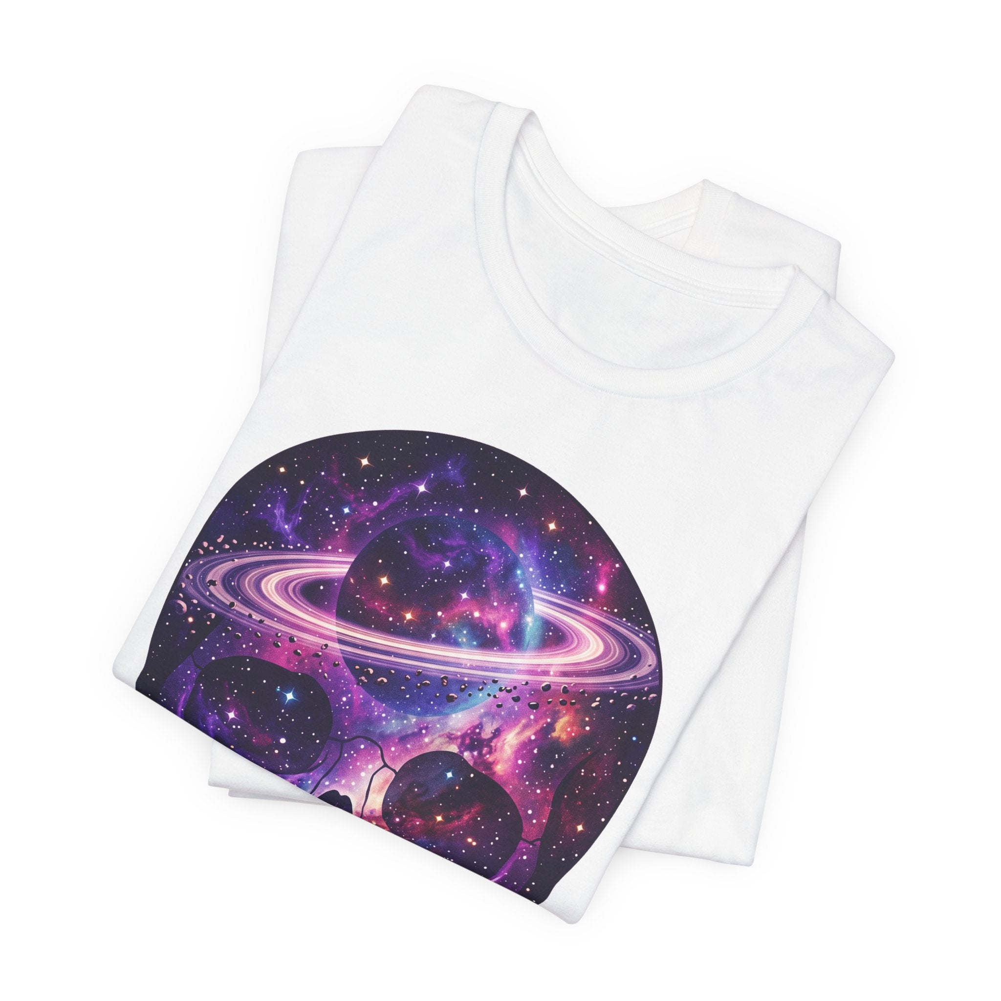 Galaxy Skull T-shirt with purple nebula skull graphic on white