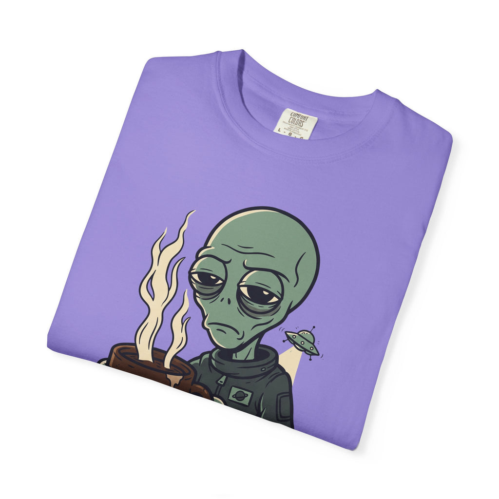 Purple graphic alien coffee t-shirt with burning coffee cup print