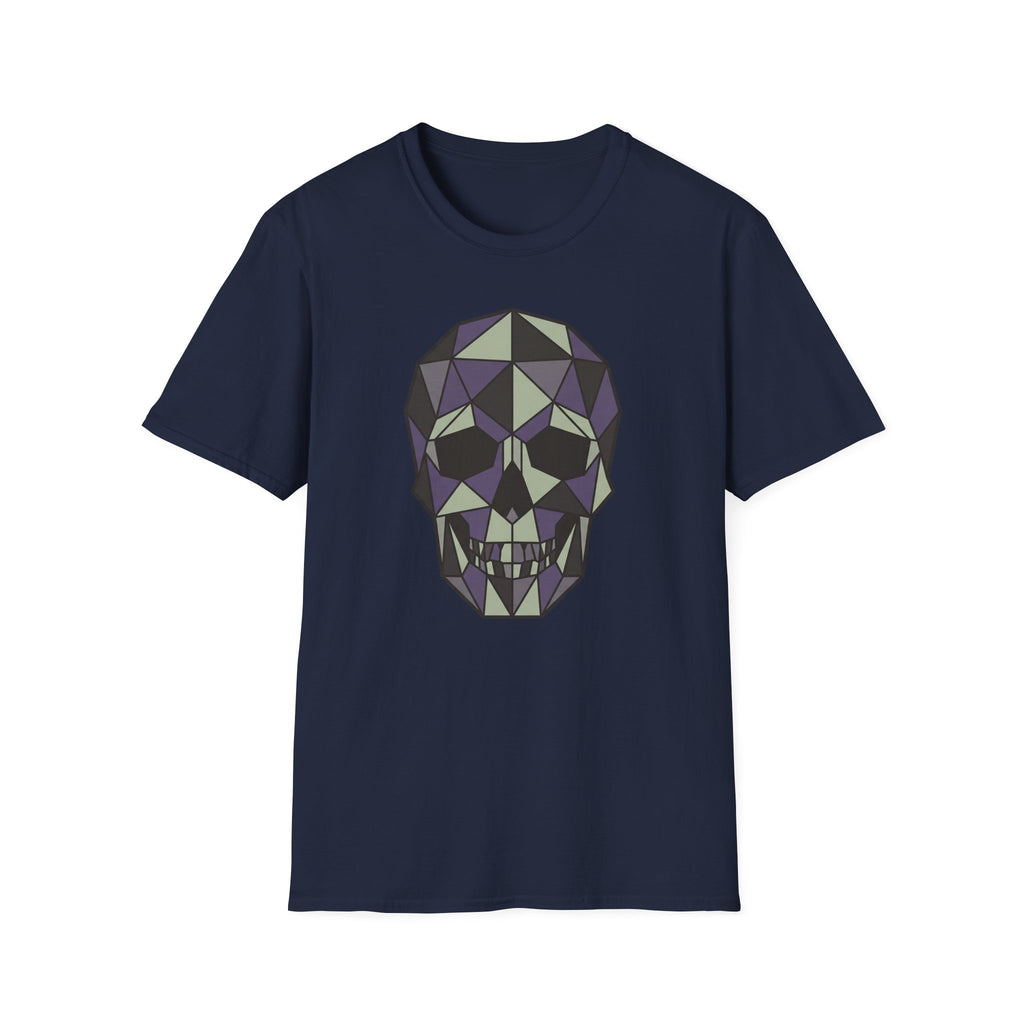 Navy T-shirt with purple geometric skull graphic on front