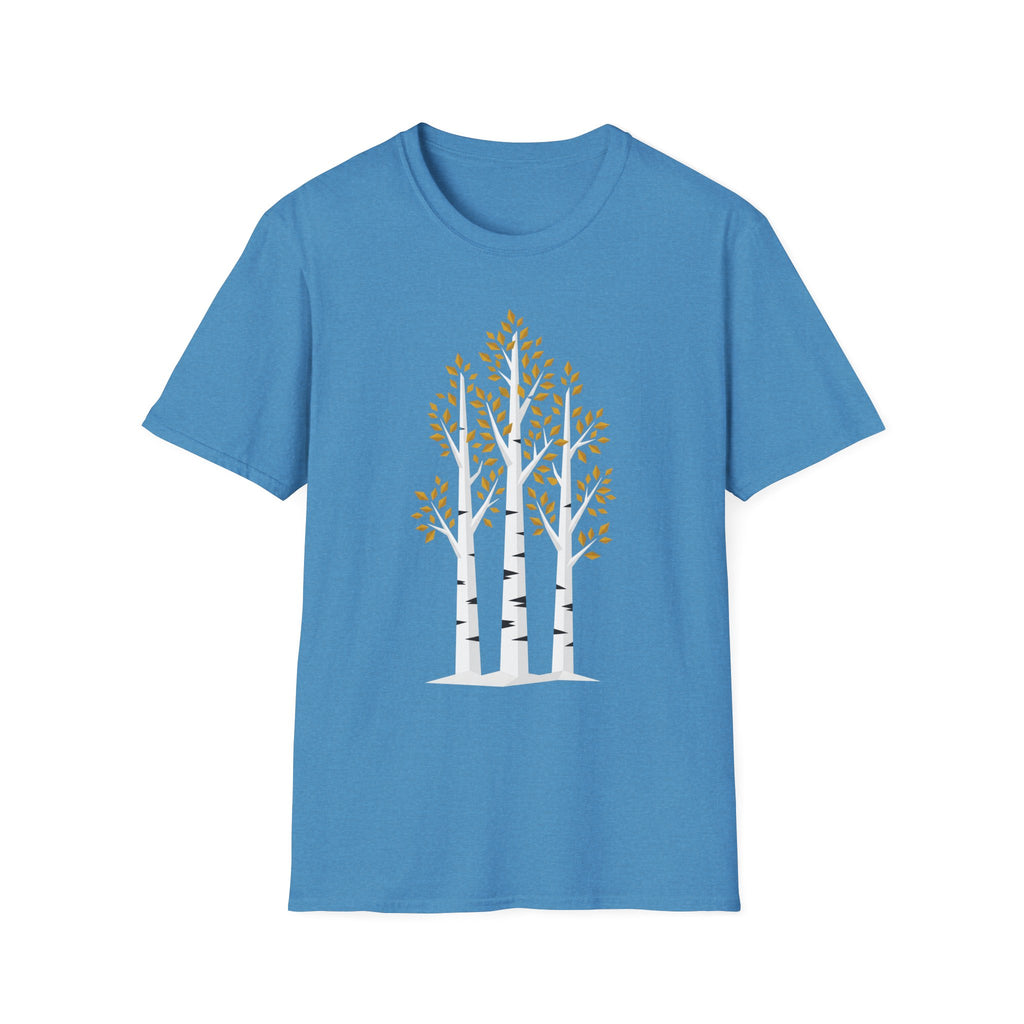 Blue T-shirt with minimalist birch tree graphic and golden autumn leaves, crew neck