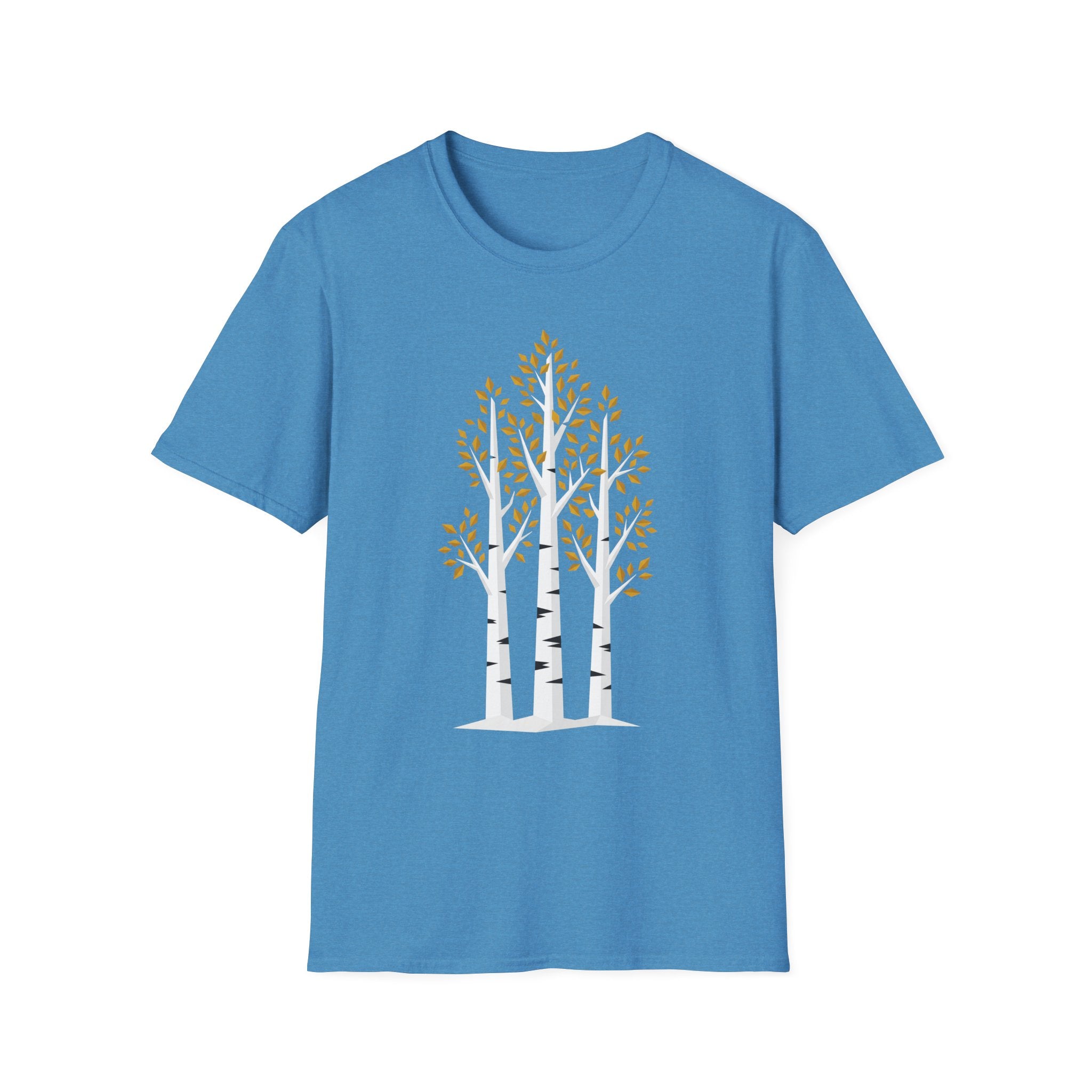 Blue T-shirt with minimalist birch tree graphic and golden autumn leaves, crew neck