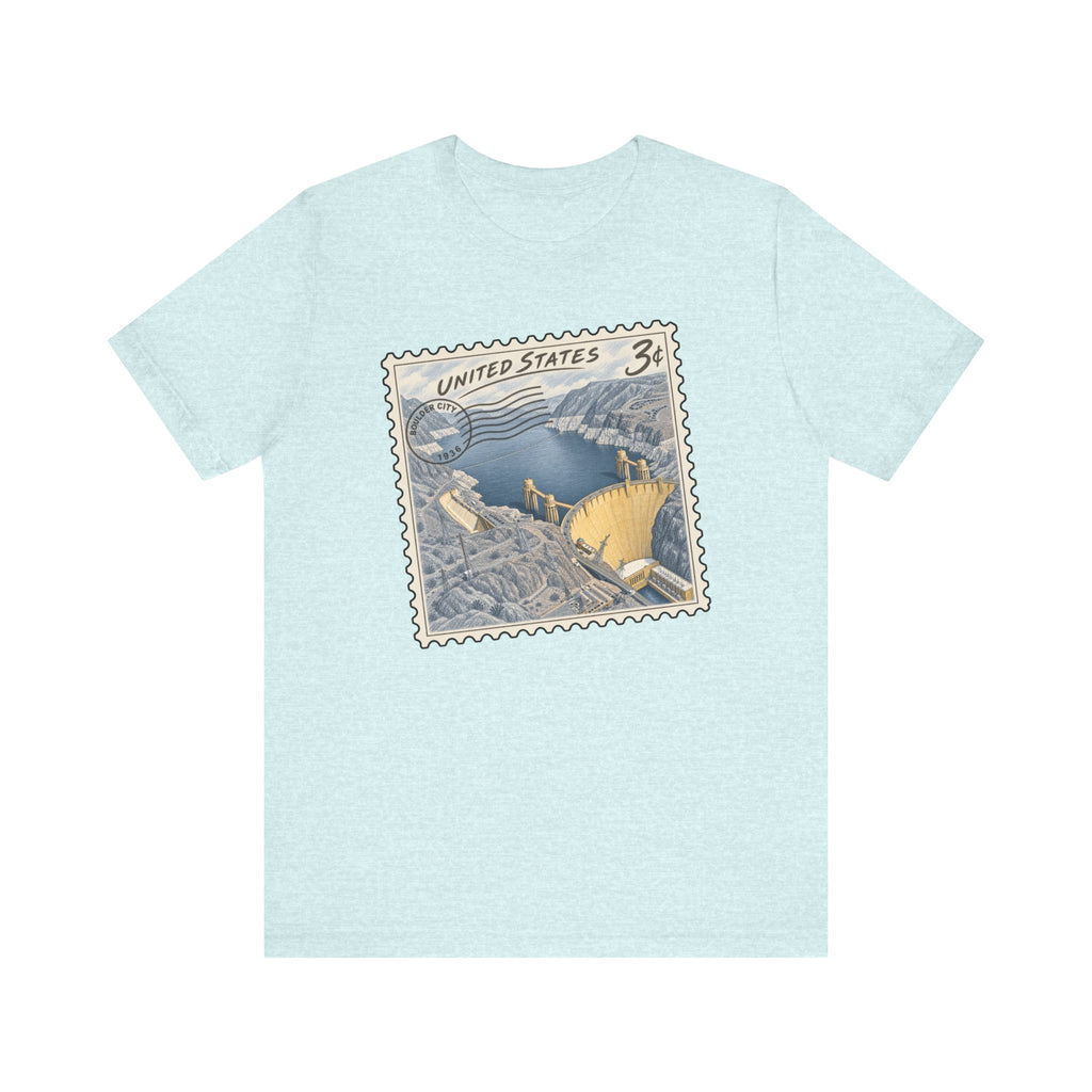 Light blue crew-neck short-sleeve T-shirt with vintage “UNITED STATES” stamp graphic