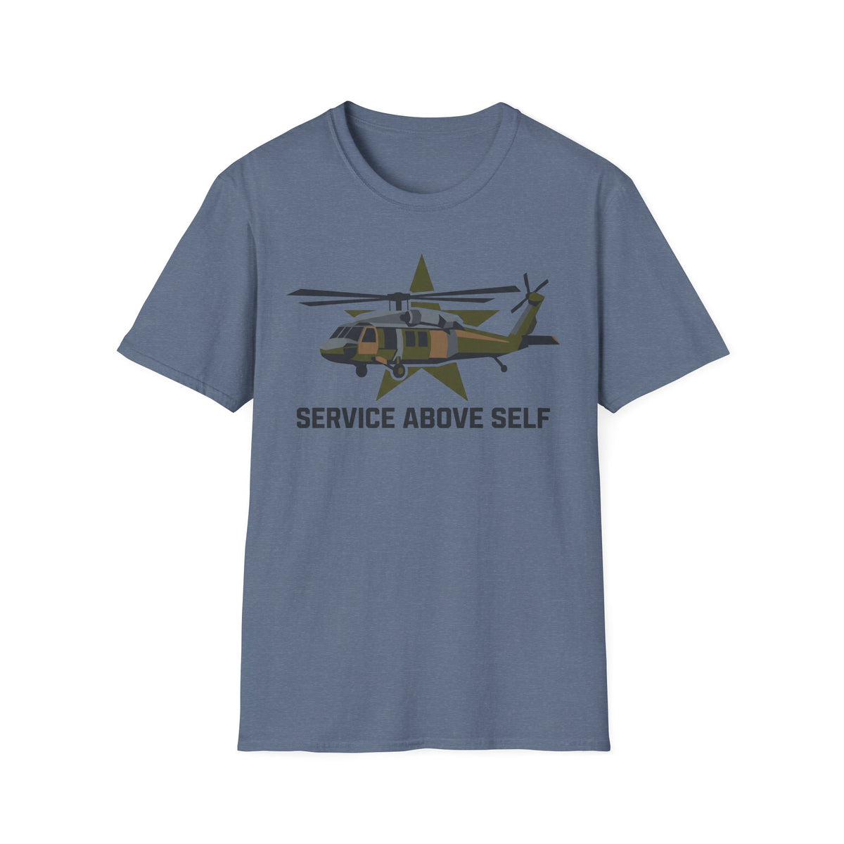 Service Above Self T-shirt in heather blue-gray with helicopter star graphic on chest
