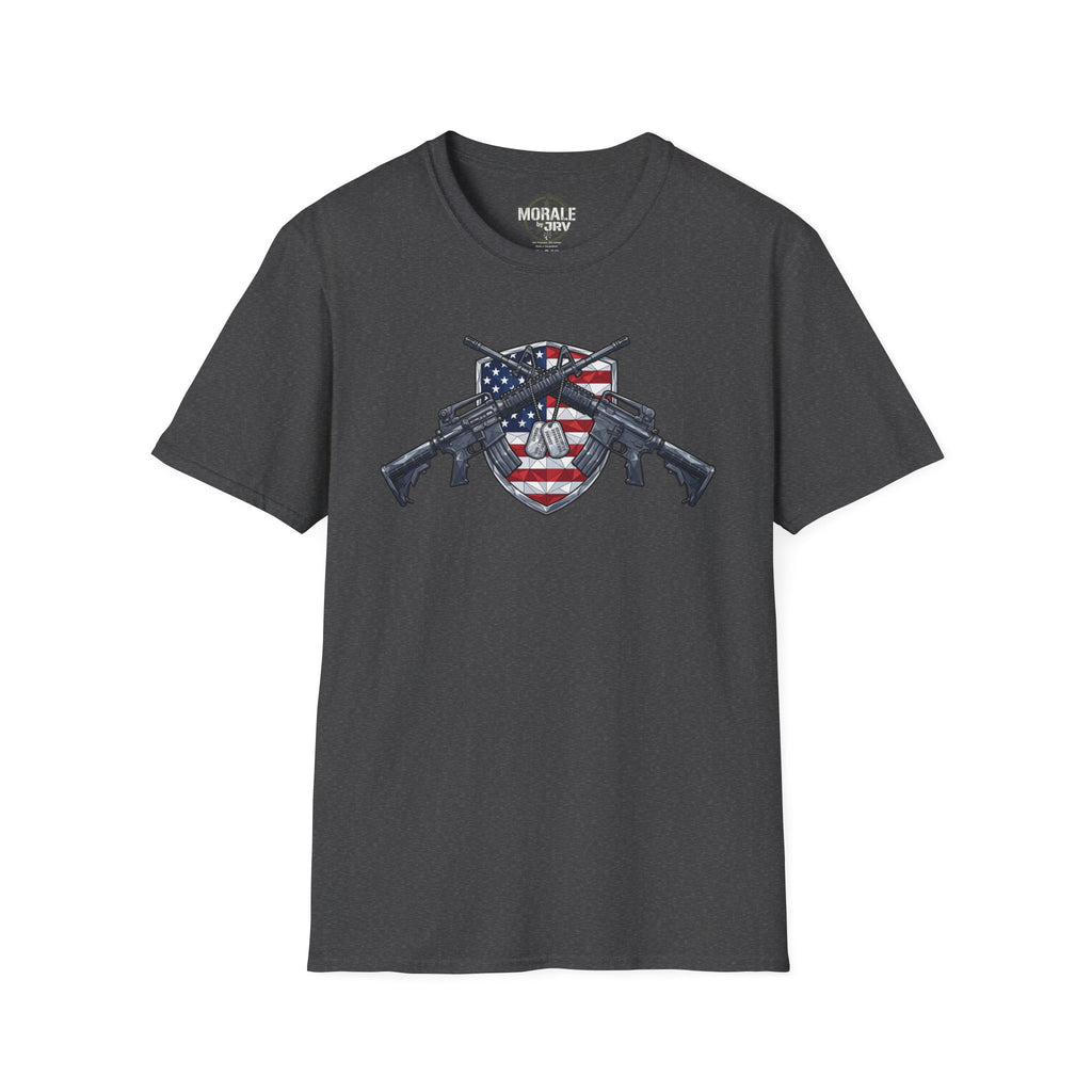 American flag skull shield T-shirt with crossed rifles, dark heather base