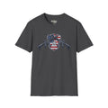 American flag skull shield T-shirt with crossed rifles, dark heather base
