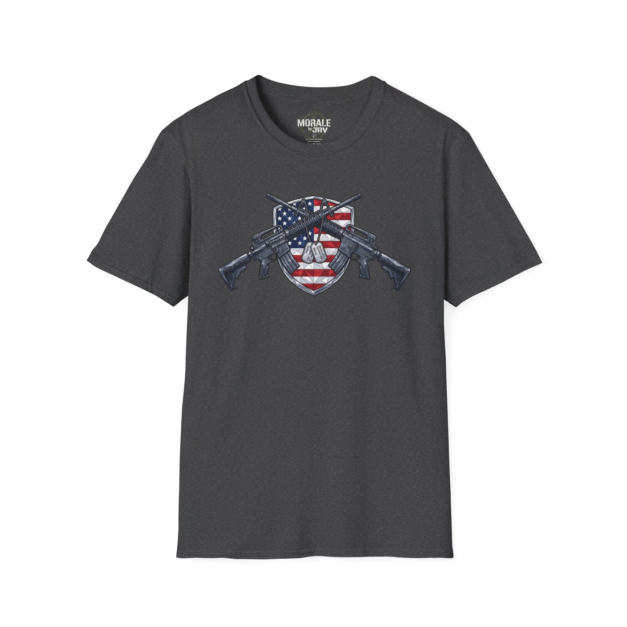 American flag skull shield T-shirt with crossed rifles, dark heather base