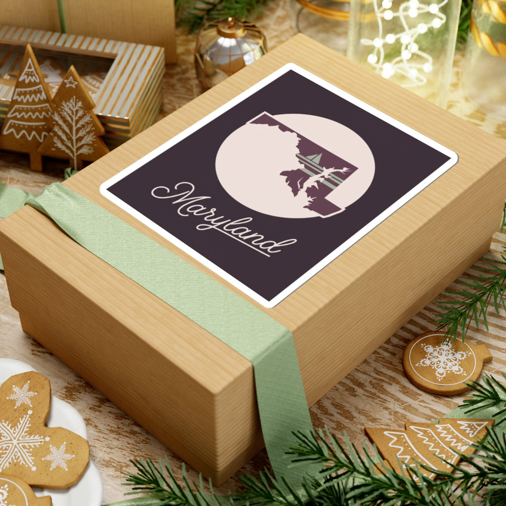 Square mauve Maryland state silhouette decal with circular emblem and “Maryland” cursive