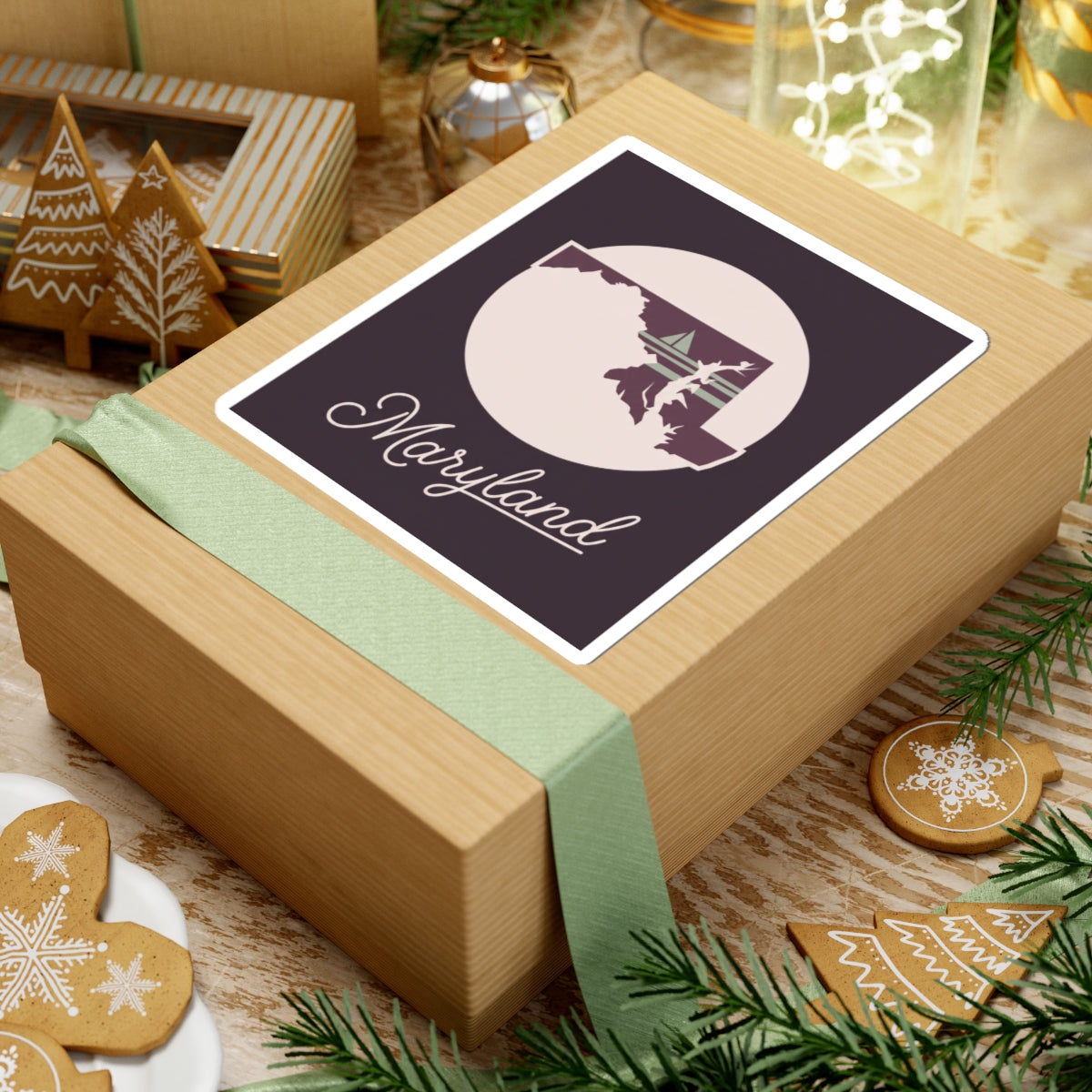 Square mauve Maryland state silhouette decal with circular emblem and “Maryland” cursive
