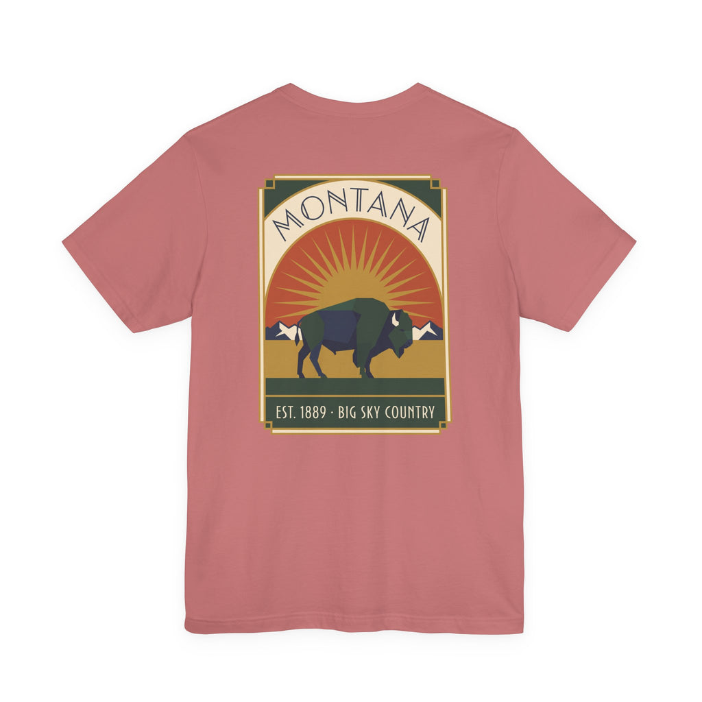 Mauve T-shirt with Montana square logo, bison and sunrise graphic