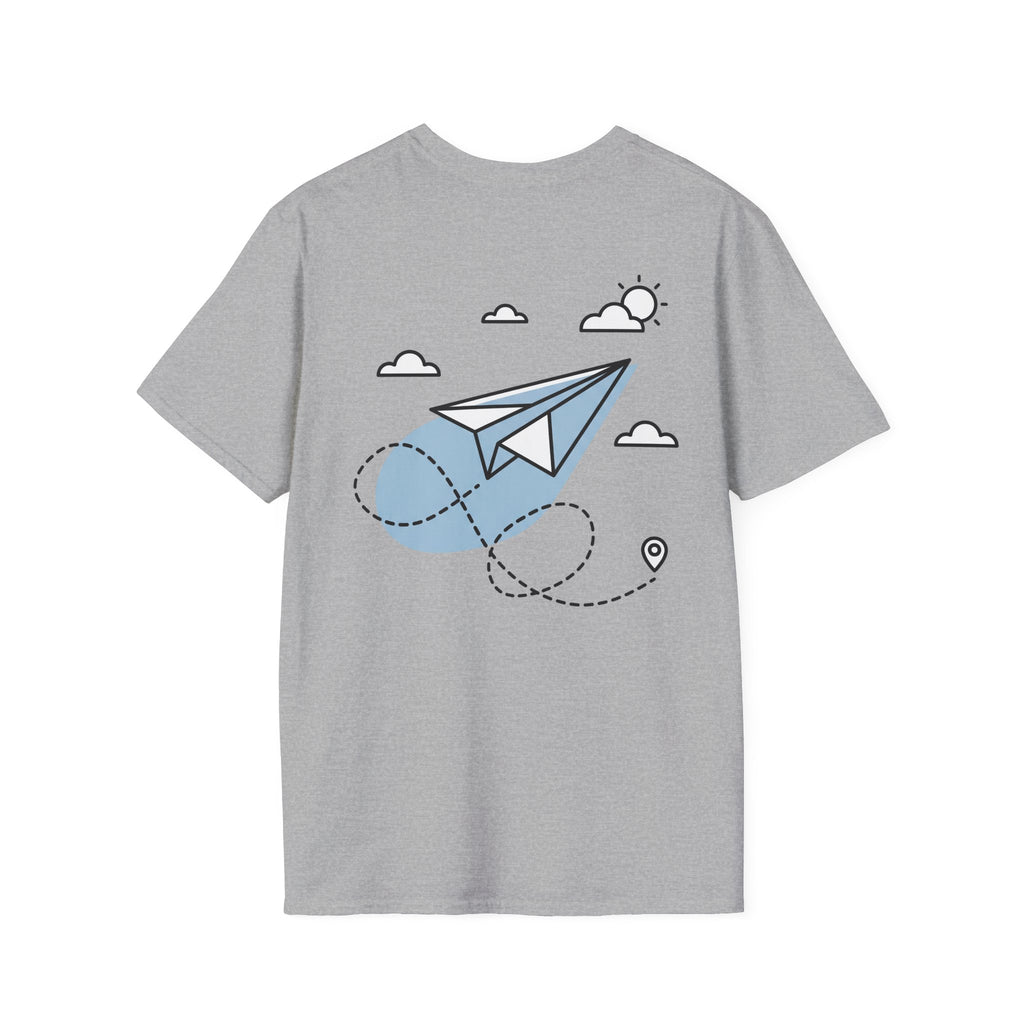 Light gray T-shirt with blue-and-white paper airplane graphic and cloud icons