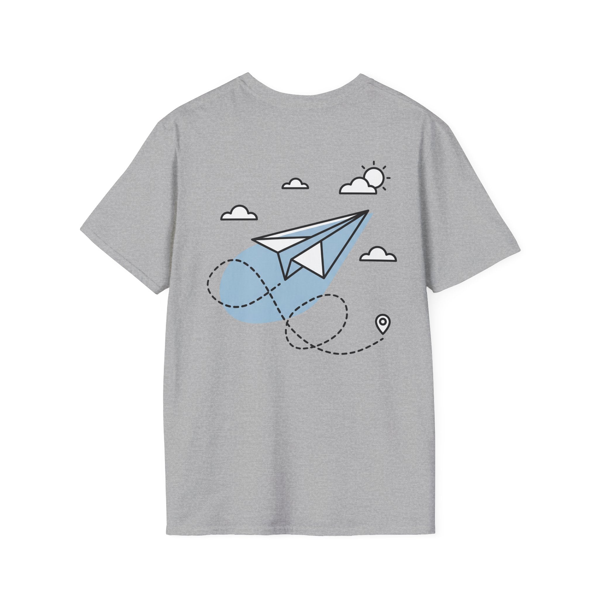 Light gray T-shirt with blue-and-white paper airplane graphic and cloud icons