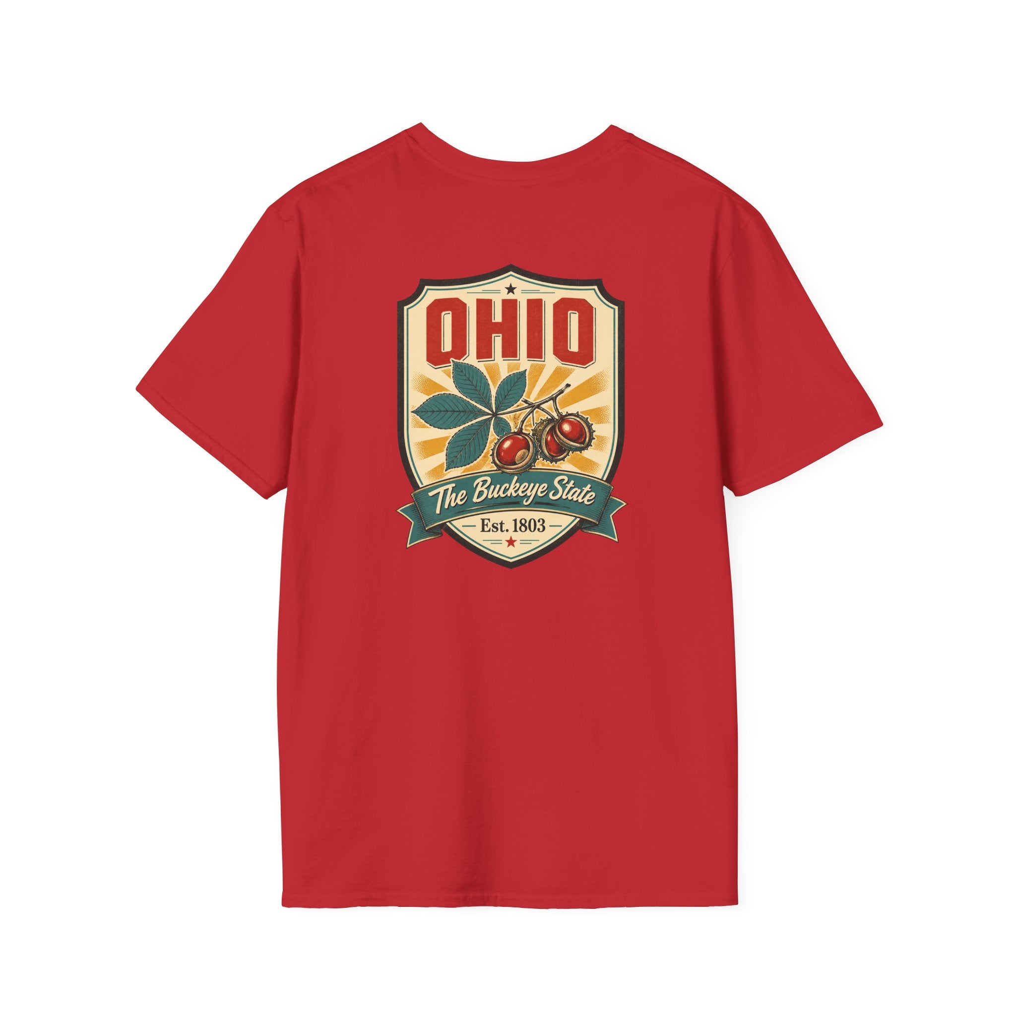 Red Ohio souvenir T-shirt with large Ohio crest graphic on the chest