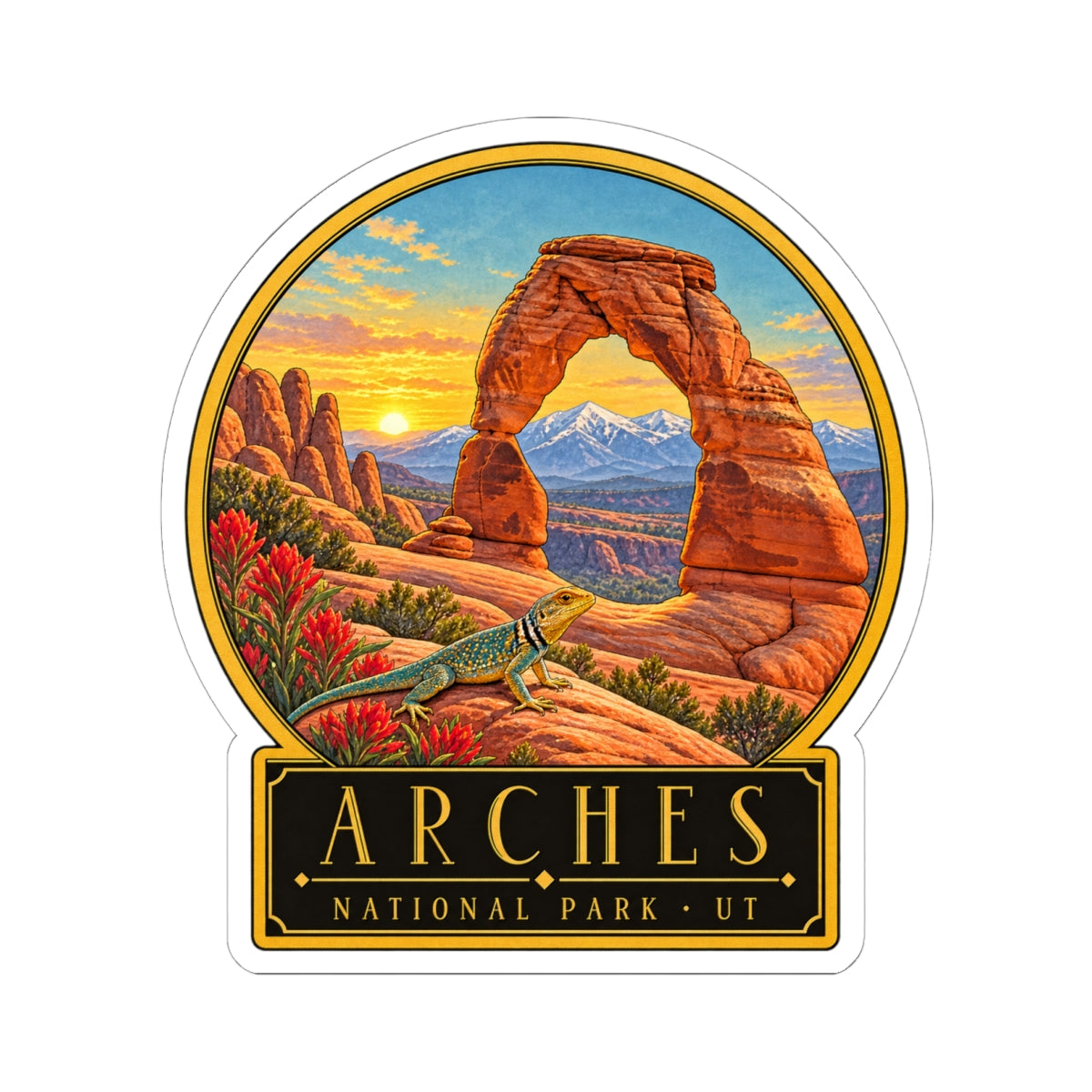 Arches National Park kiss-cut vinyl sticker with desert arch, lizard, and “UT” emblem text.