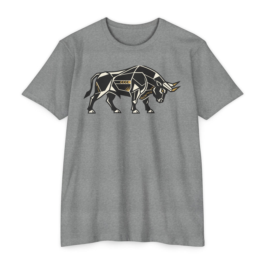 Heather grey T-shirt with geometric charging bull graphic, crew neck, short sleeves