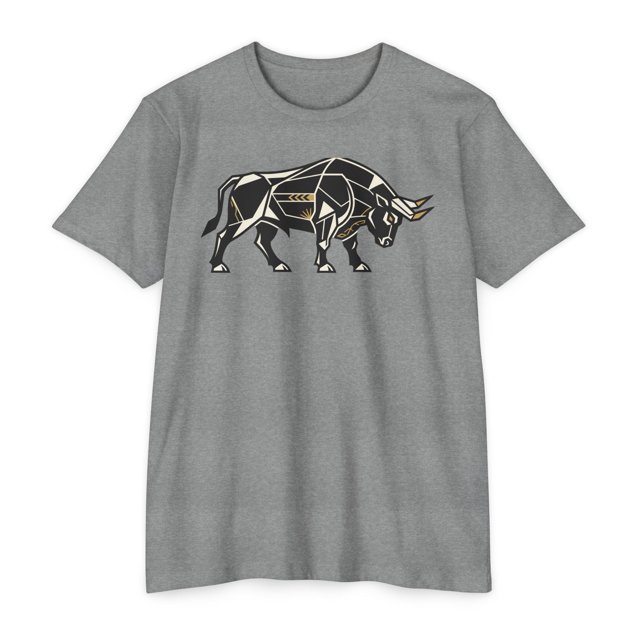 Heather grey T-shirt with geometric charging bull graphic, crew neck, short sleeves