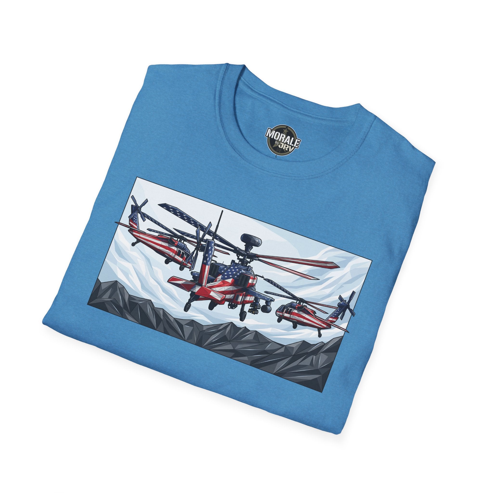 Blue T-shirt with attack helicopters illustration graphic panel
