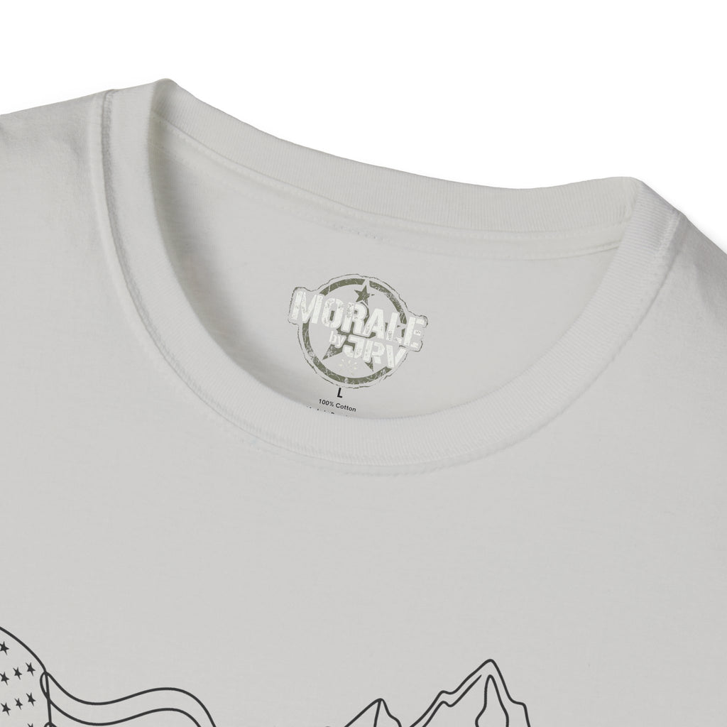 Light gray T-shirt neckline close-up with brand logo on inner neck