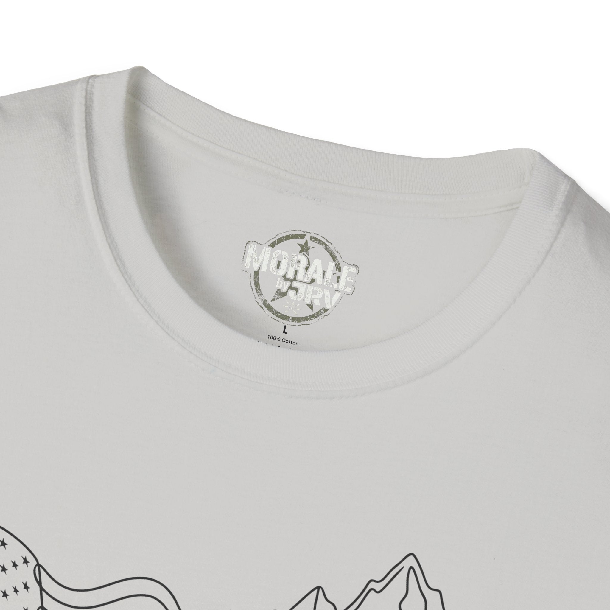 Light gray T-shirt neckline close-up with brand logo on inner neck
