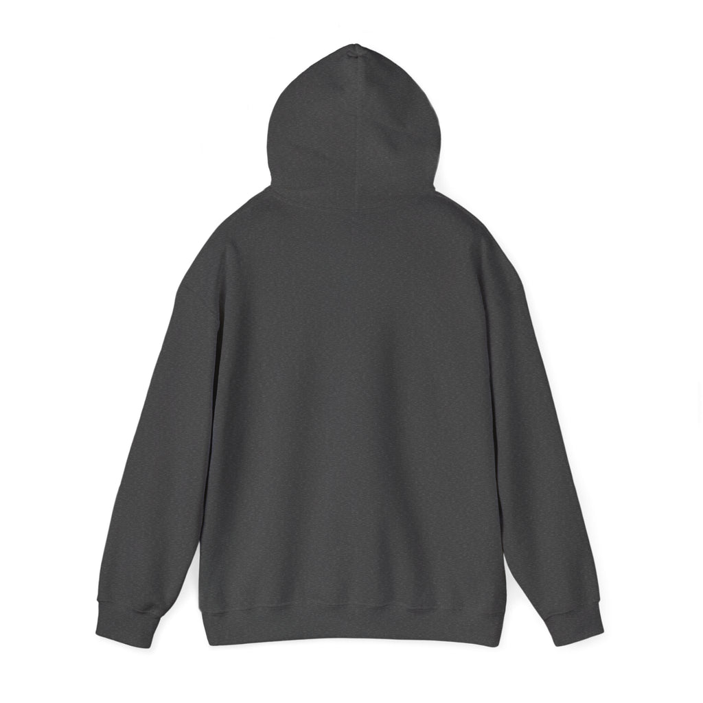 Dark gray pullover hoodie with hood and long sleeves, front view
