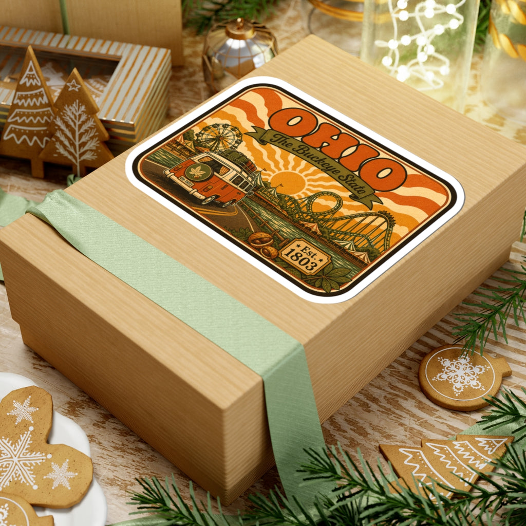Ohio retro sticker on gift box top, orange camper and rides, Est. 1803