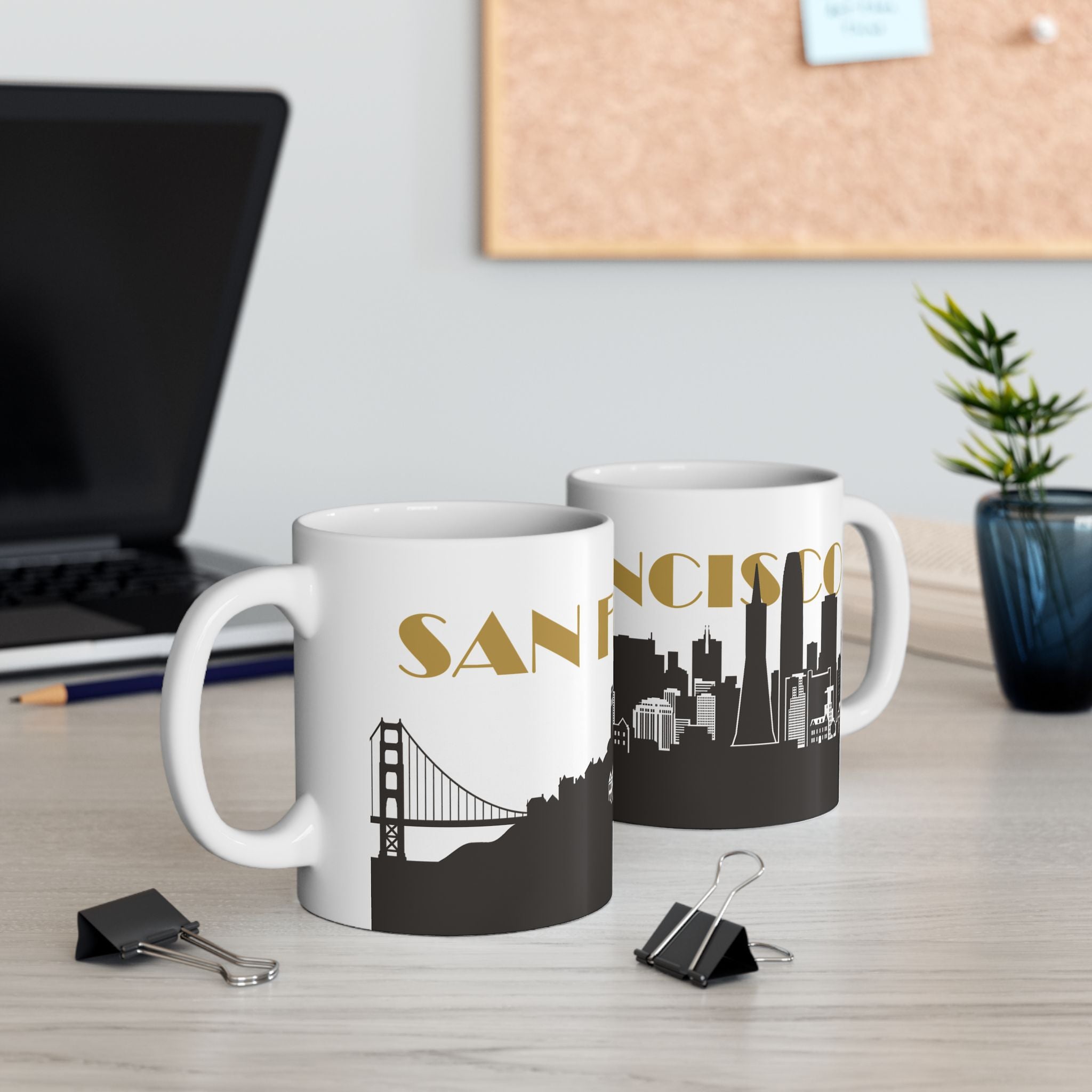 Ceramic mug pair: Golden Gate Bridge design and 'NCISCO' skyline design, white/black