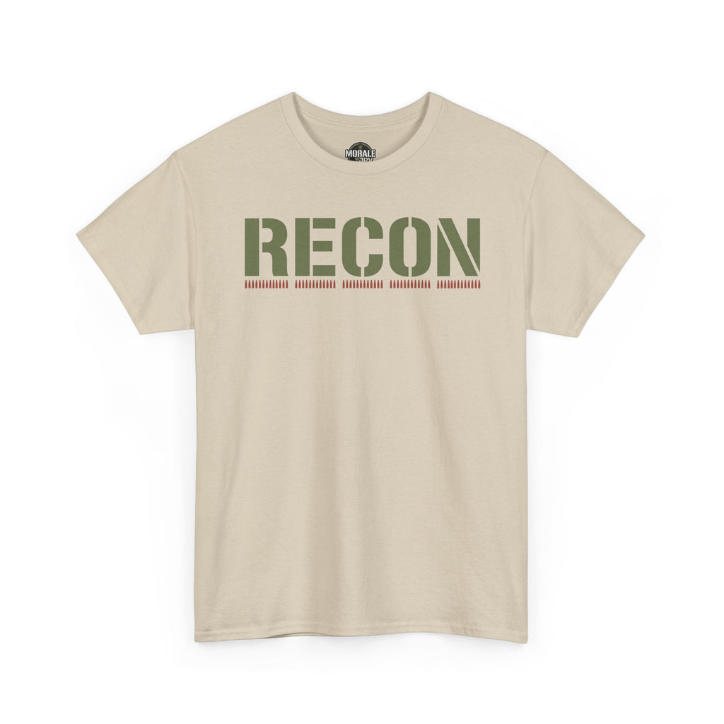 Sand T-shirt with RECON stencil-style graphic across the chest