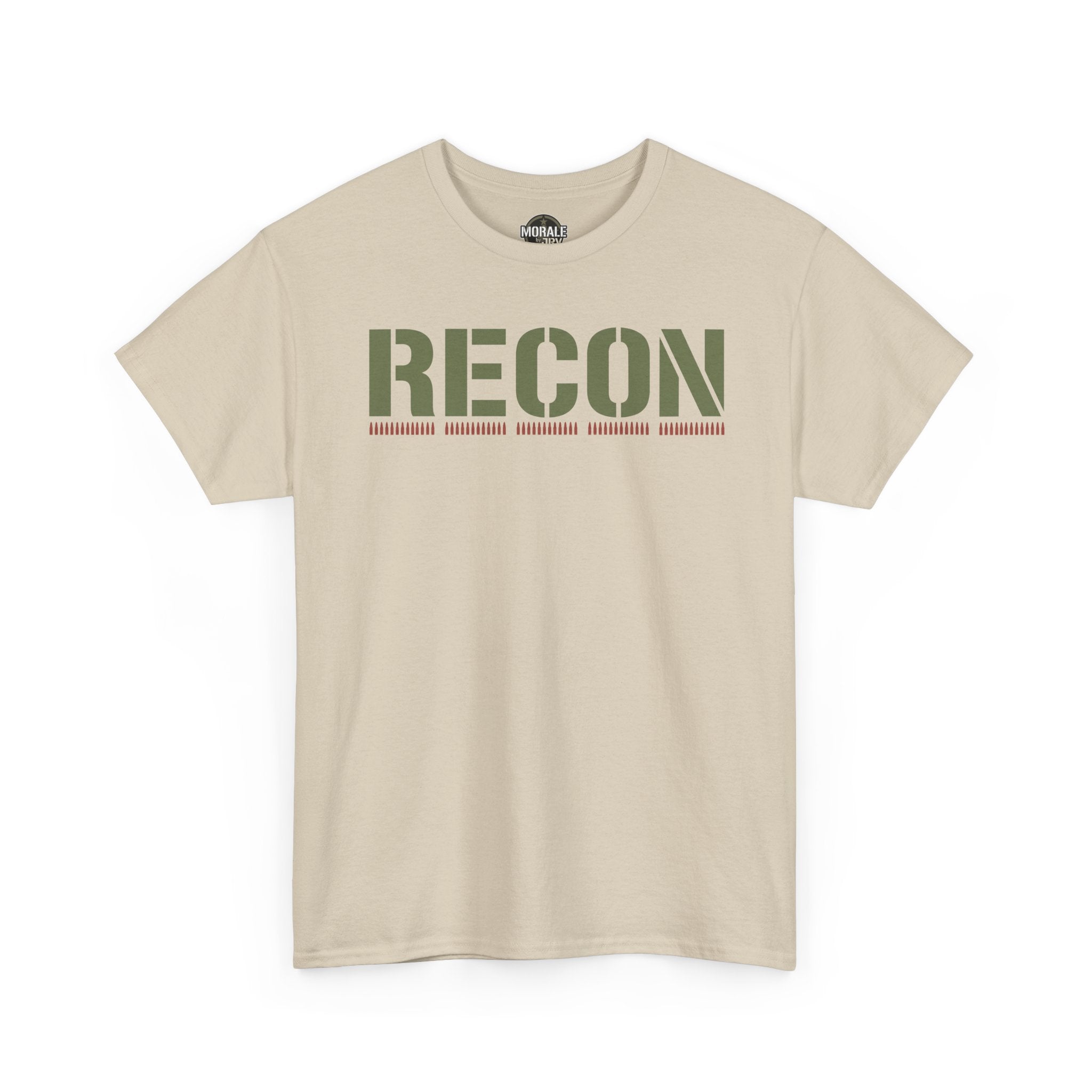 Sand T-shirt with RECON stencil-style graphic across the chest