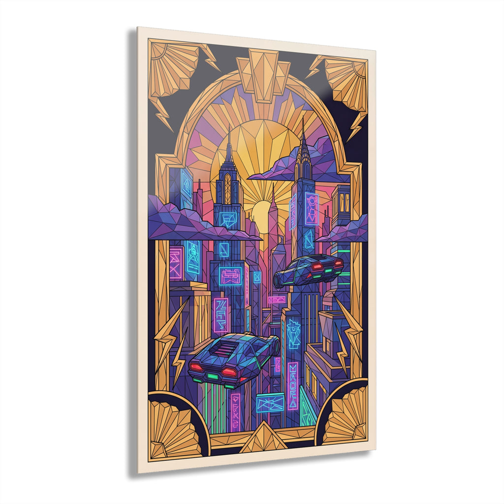 Acrylic glass wall art featuring neon cyberpunk city skyline with flying cars and arched gold frame