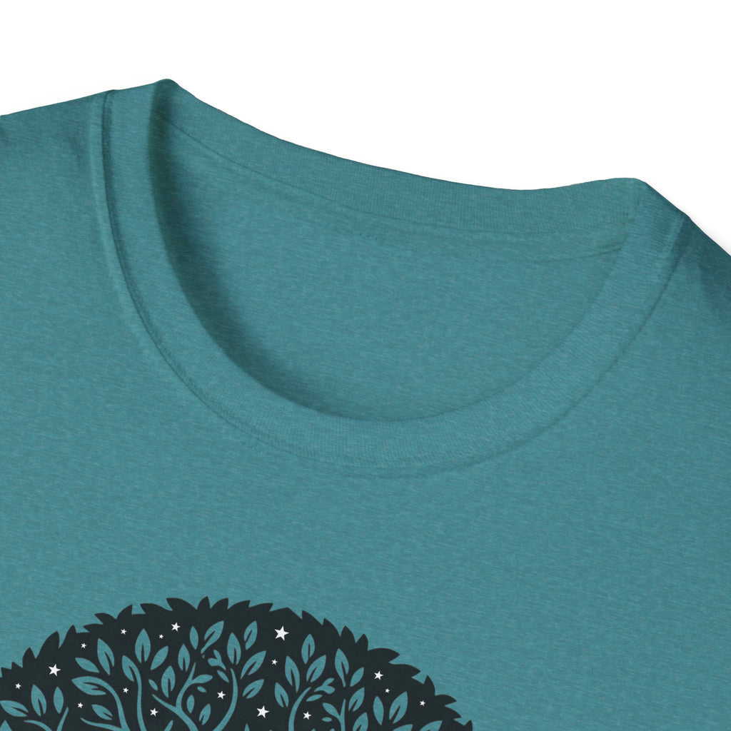 Heather Sapphire T-shirt, close-up crew neckline on teal fabric