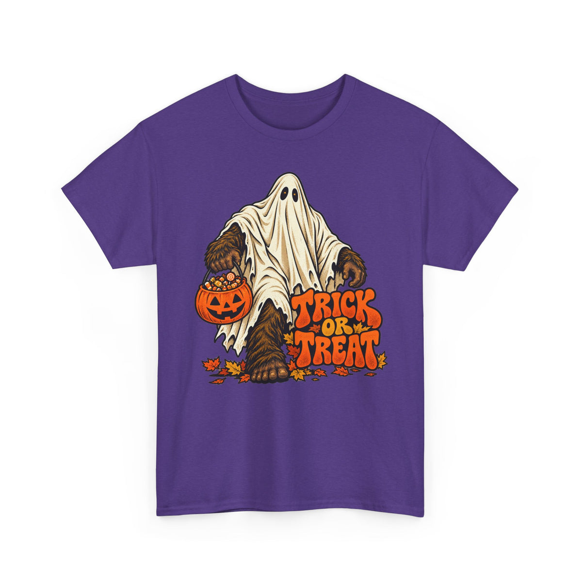 Purple Halloween T-shirt with bigfoot ghost holding pumpkin and Tricks or Treat text
