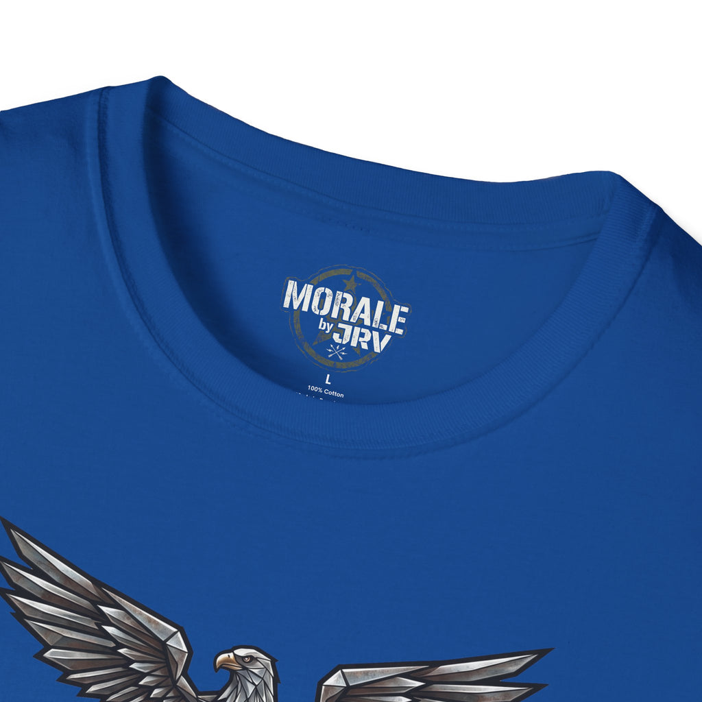 Royal blue T-shirt, crew neck with back collar logo print and eagle graphic edge