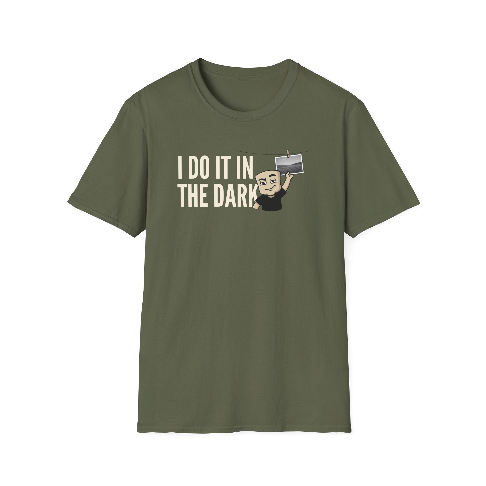 Olive green T-shirt with “I DO IT IN THE DARK” camera graphic on chest