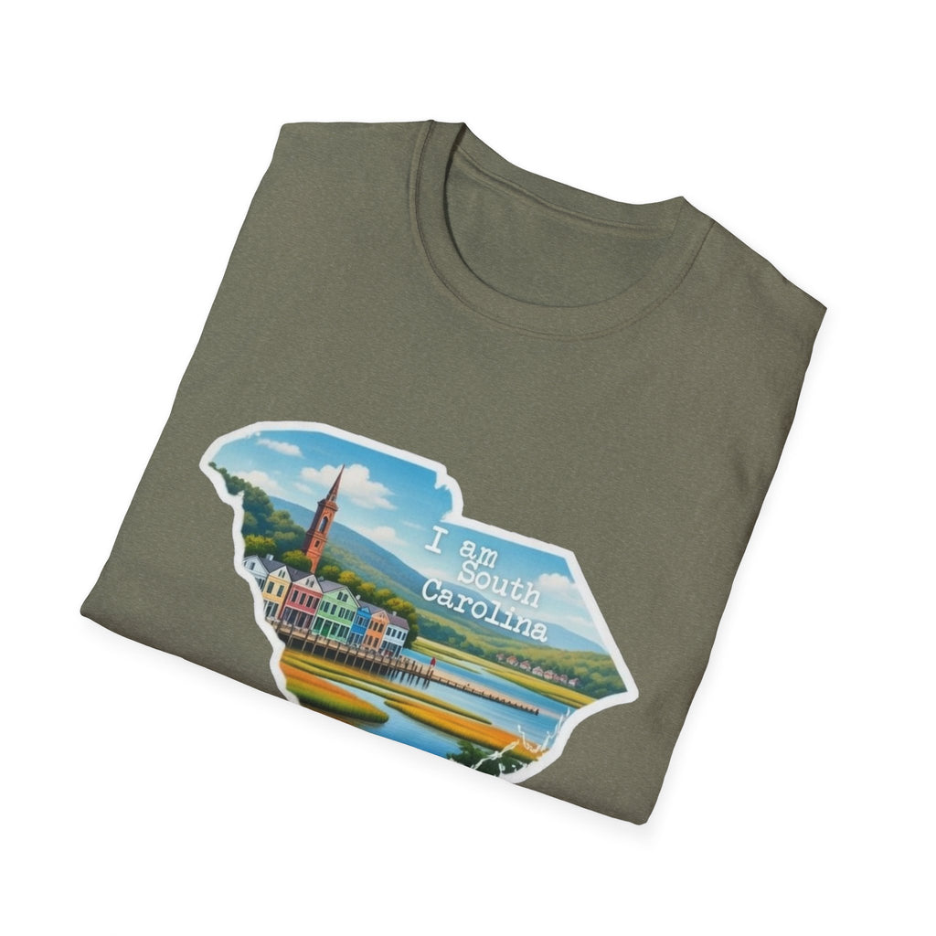 South Carolina skyline T-shirt, Heather Military Green; state lighthouse scene graphic.