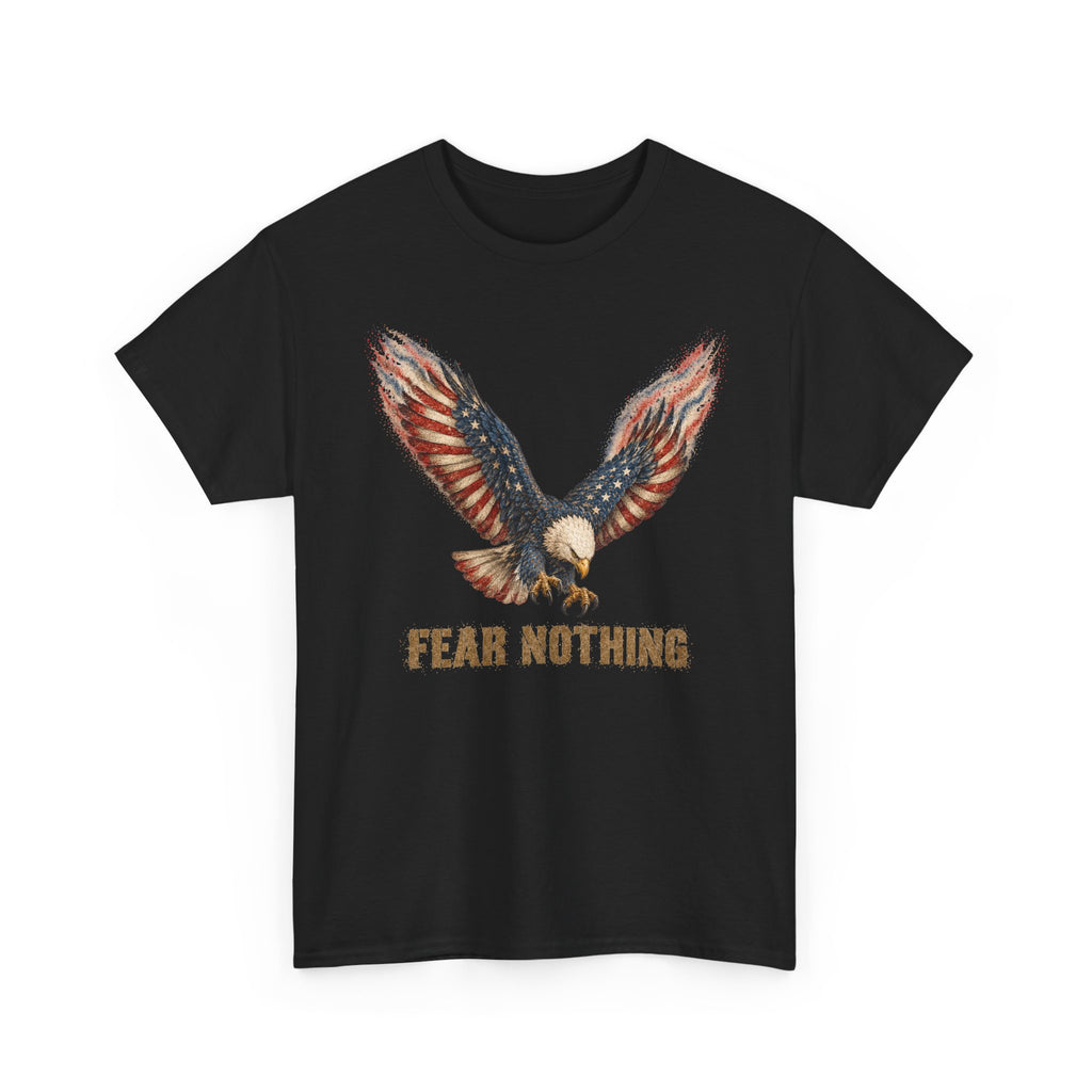 Black t-shirt with eagle graphic and “FEAR NOTHING” text on front