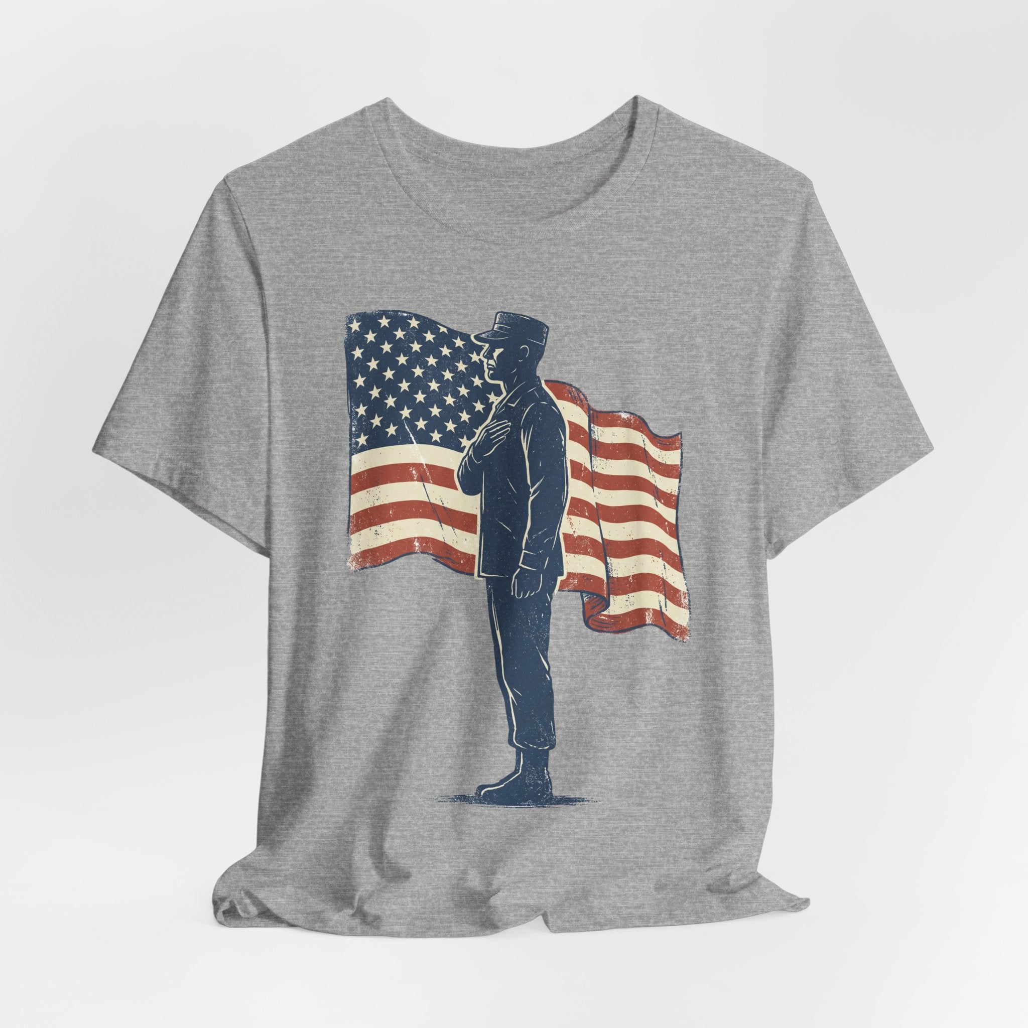 Heather gray T-shirt with saluting soldier and American flag graphic on the front