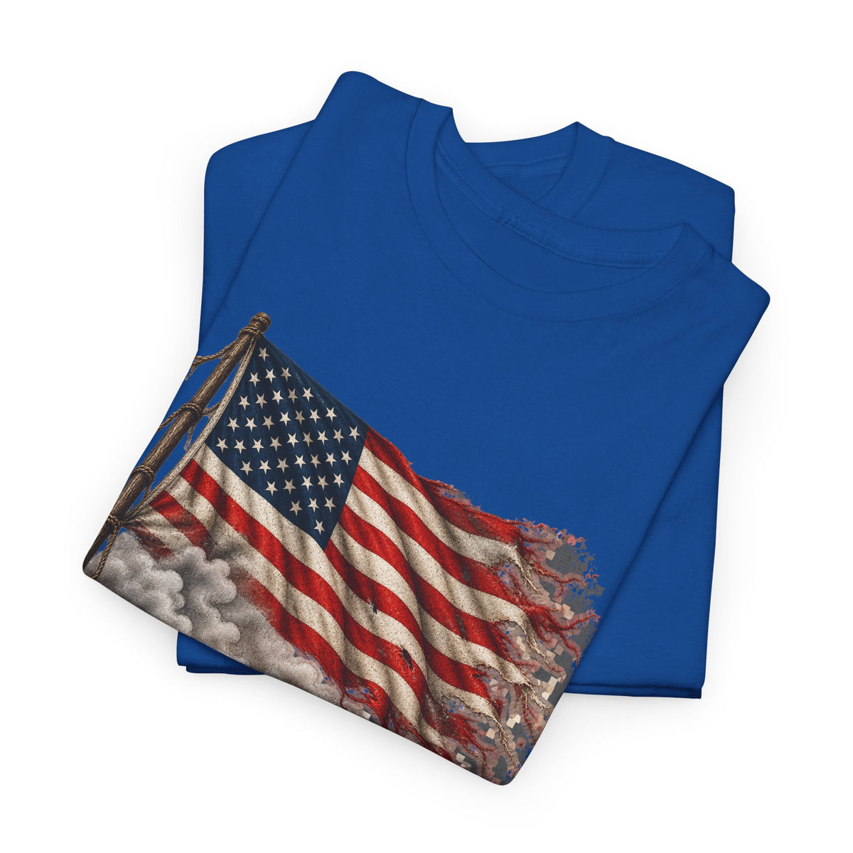 Royal blue crewneck t-shirt with weathered American flag graphic on front.