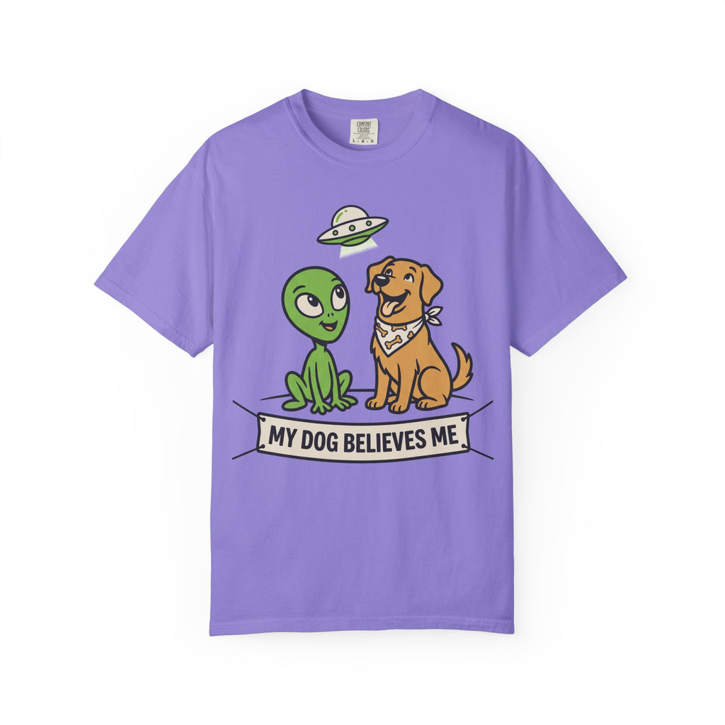 Purple T-shirt with alien and dog graphic, 'MY DOG BELIEVES ME' text
