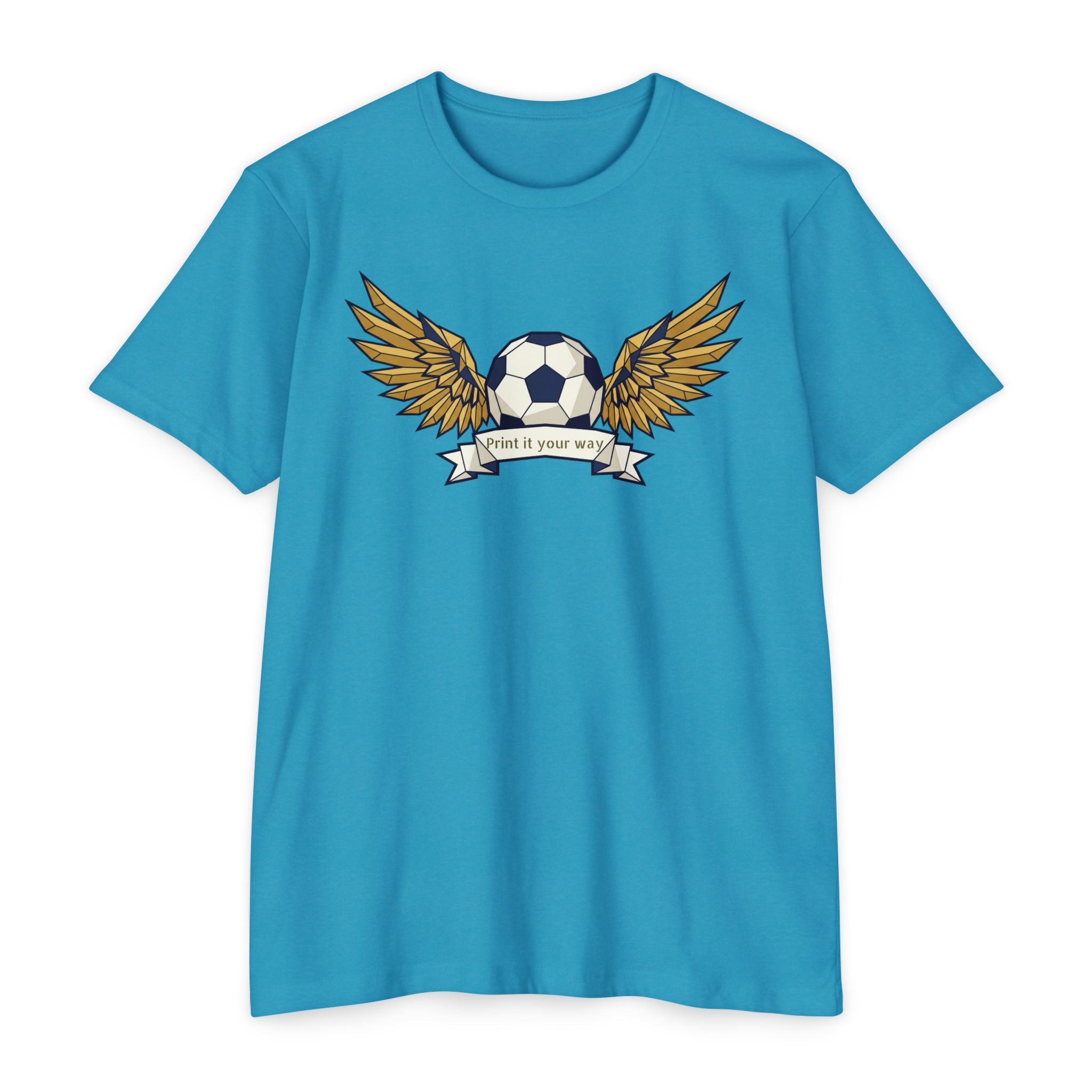 Light blue unisex soccer T-shirt with winged soccer ball graphic on the chest