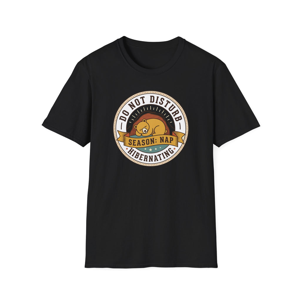 Black nap T-shirt with circular 'Do Not Disturb Season: Nap' bear graphic
