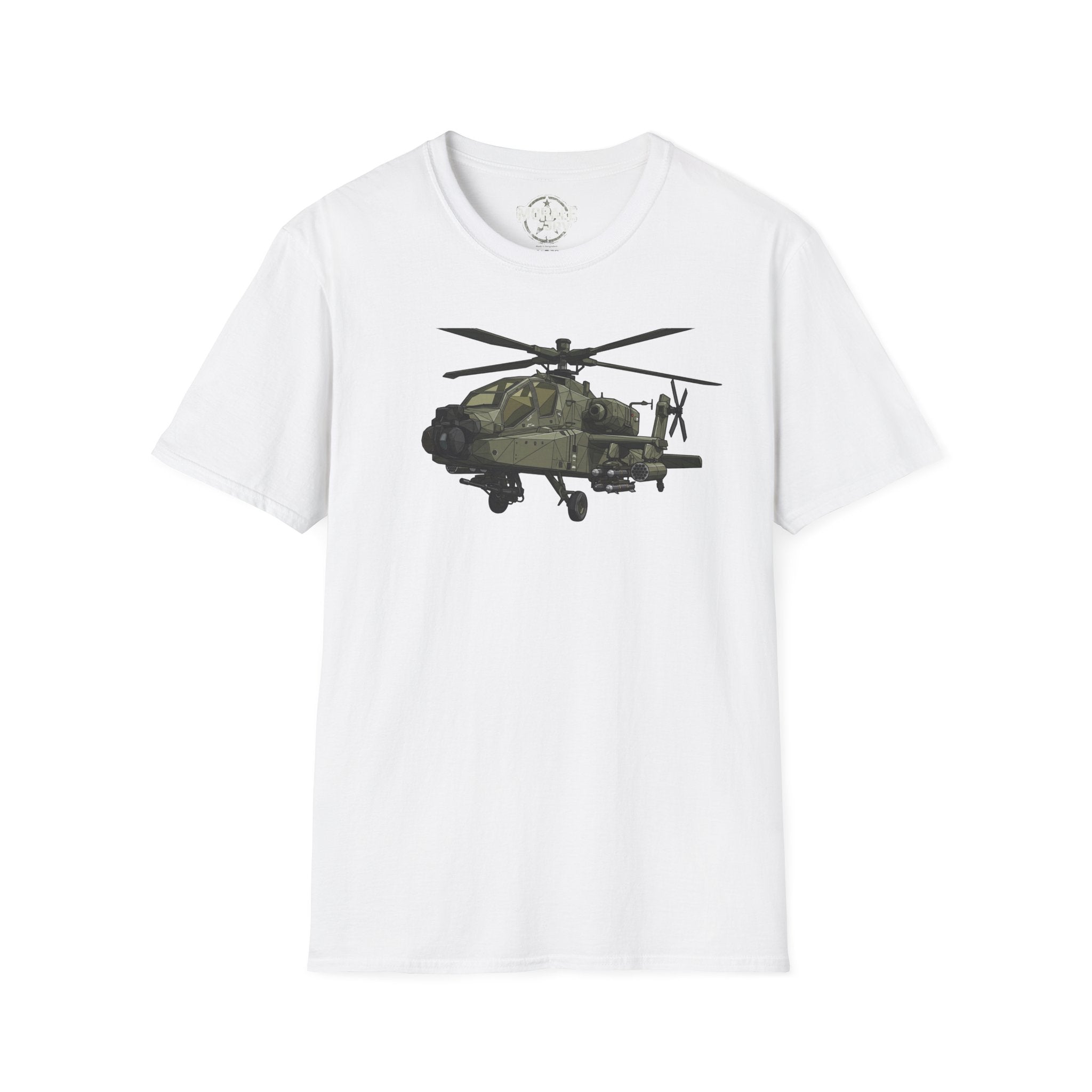 AH-64 Apache Attack T-Shirt in white with front helicopter graphic
