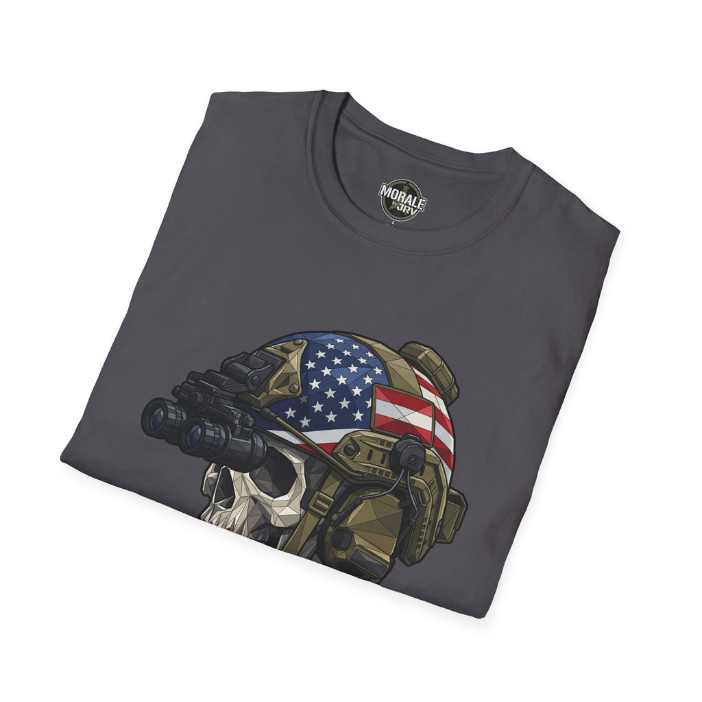 Charcoal T-shirt featuring skull helmet with American flag graphic