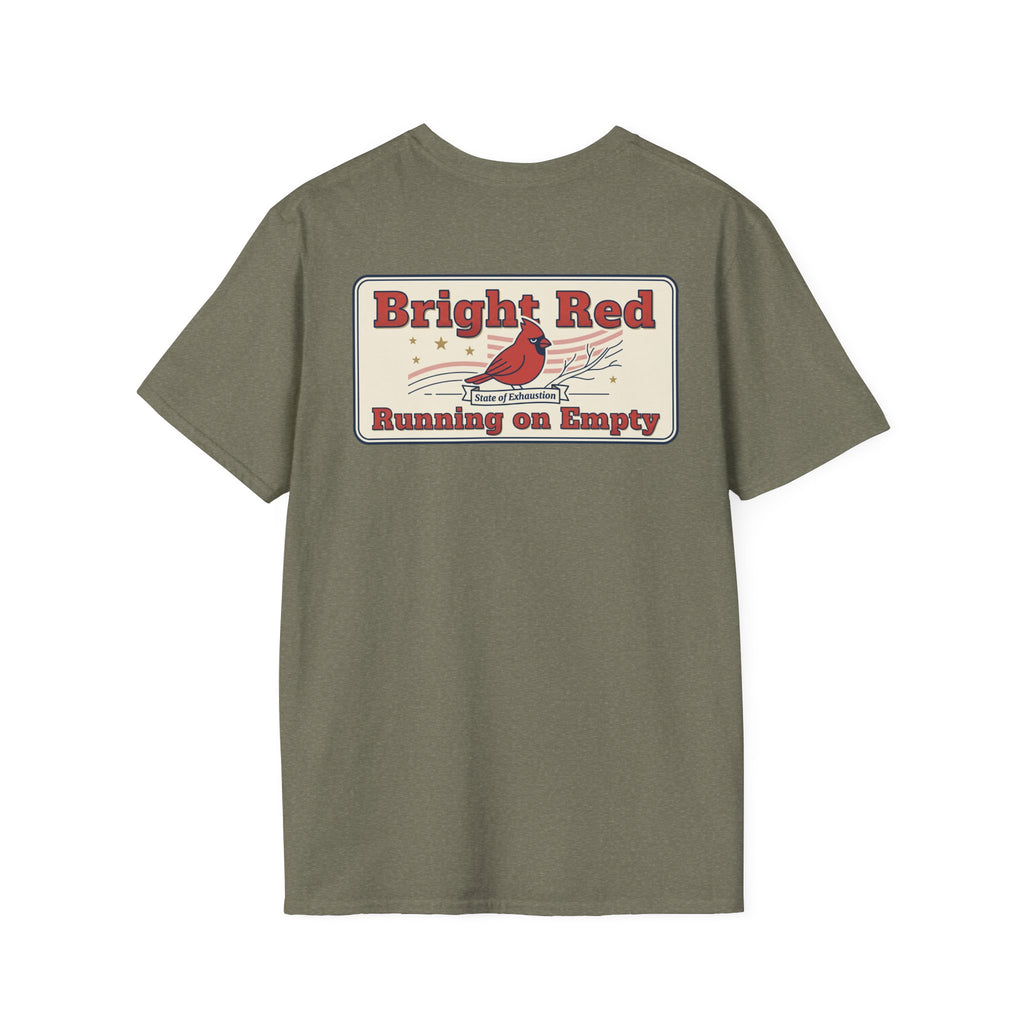 Olive unisex T-shirt with Bright Red back graphic and cardinal bird print