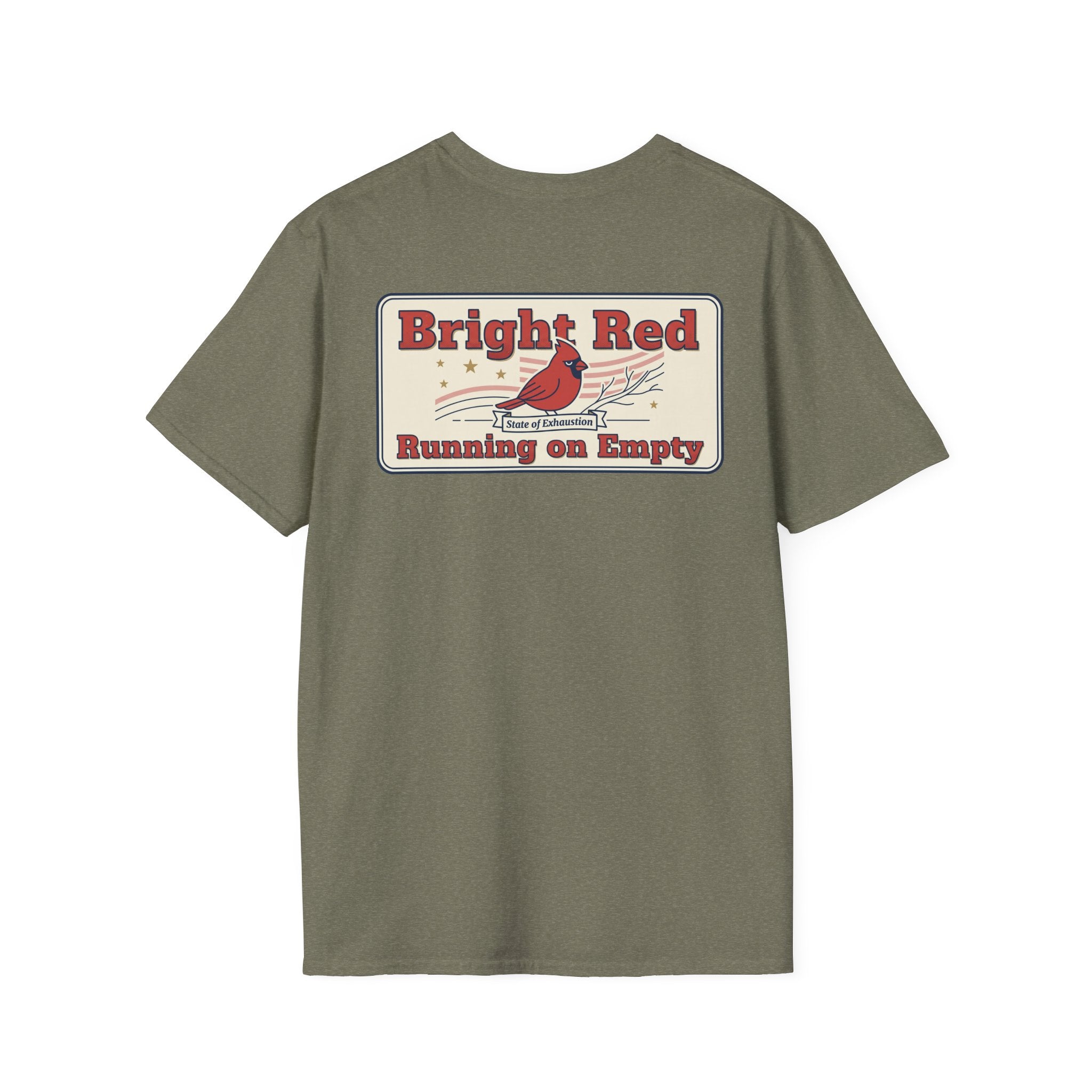 Olive unisex T-shirt with Bright Red back graphic and cardinal bird print