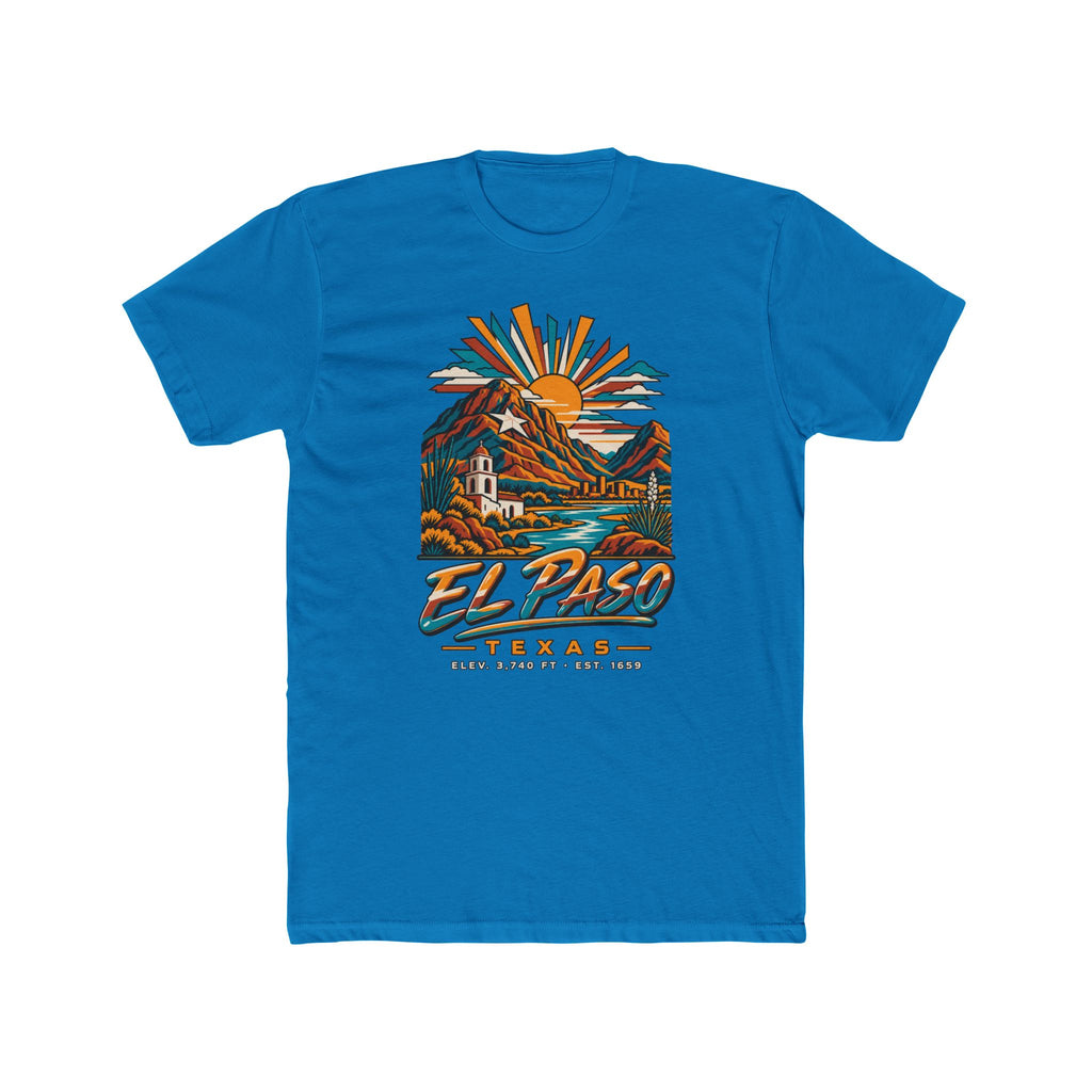 Blue T-shirt with vintage desert mountains, sun rays, and El Paso Texas graphic