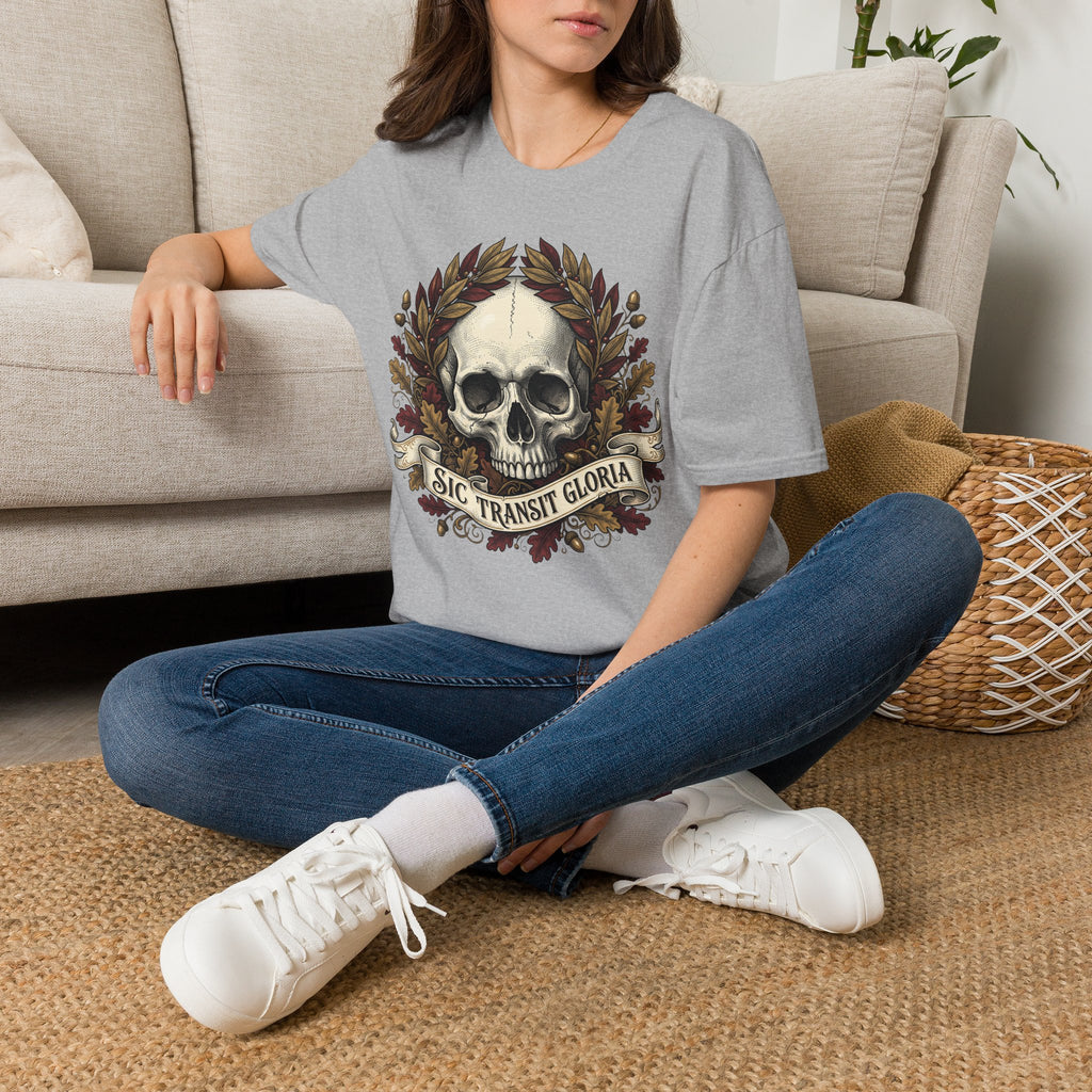 Sport grey graphic T-shirt with skull wreath and Latin banner centered on chest