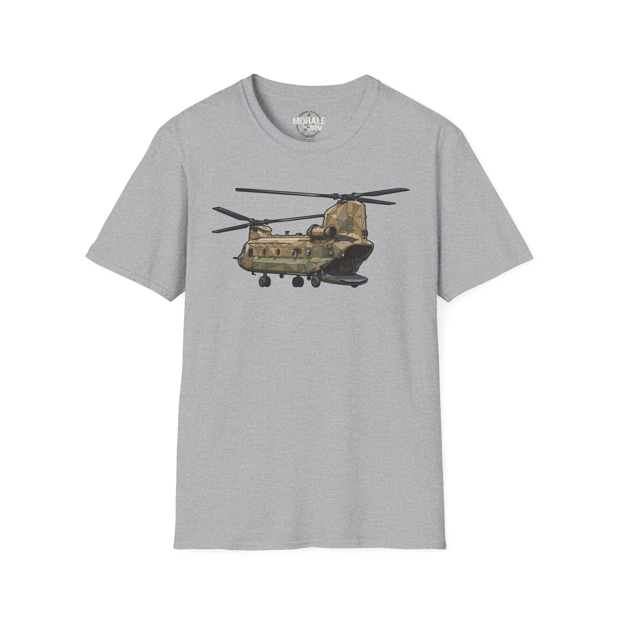 CH-47 T-shirt light gray with tan/green military helicopter graphic centered