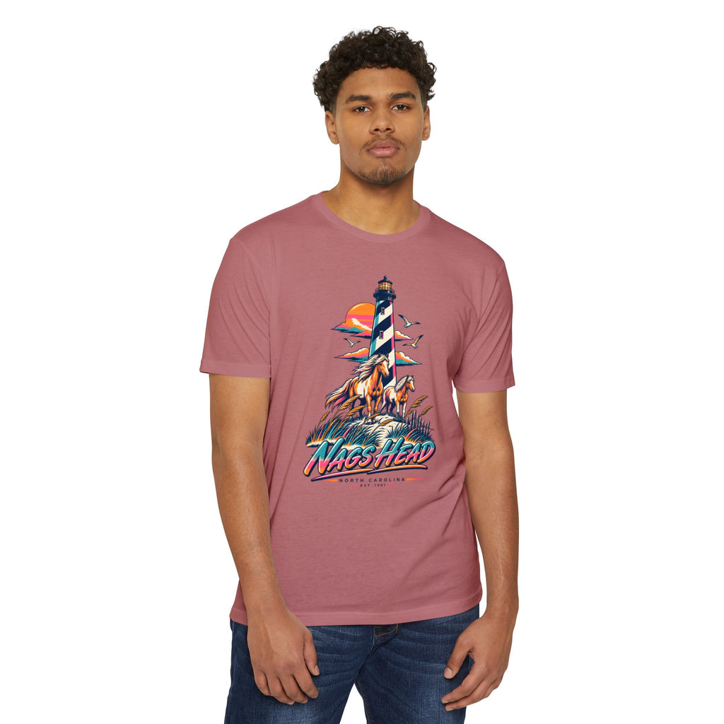 Mauve T-shirt with lighthouse and coastal sunset graphic